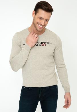 Bej Slim Fit Bisiklet Yaka Triko Kazak