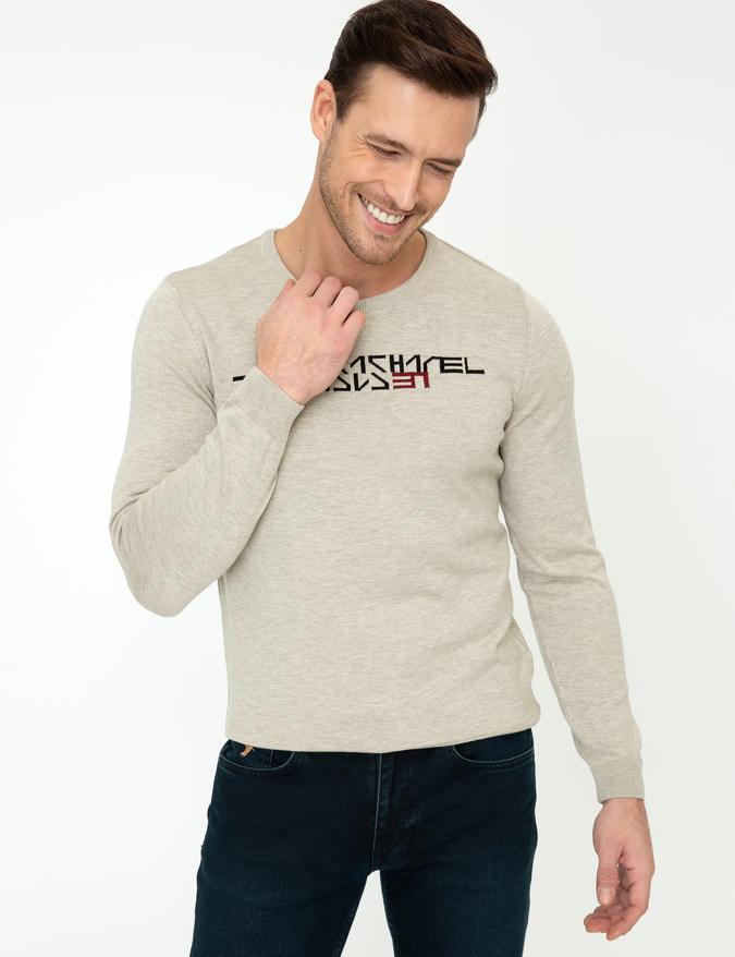 Bej Slim Fit Bisiklet Yaka Triko Kazak