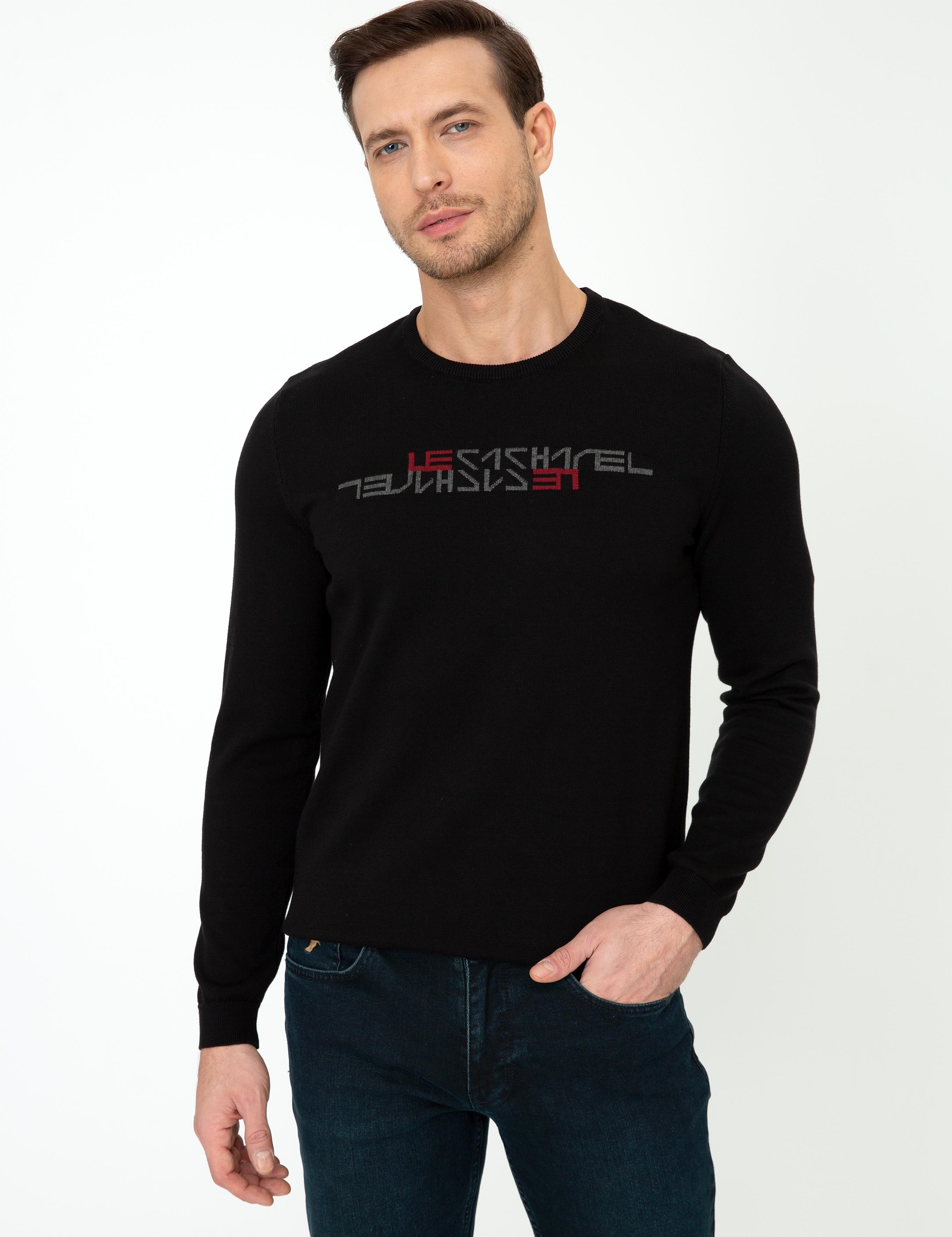 Siyah Slim Fit Bisiklet Yaka Triko Kazak - 50241781029