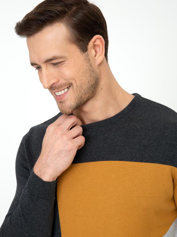 Antrasit Slim Fit Bisiklet Yaka Triko Kazak