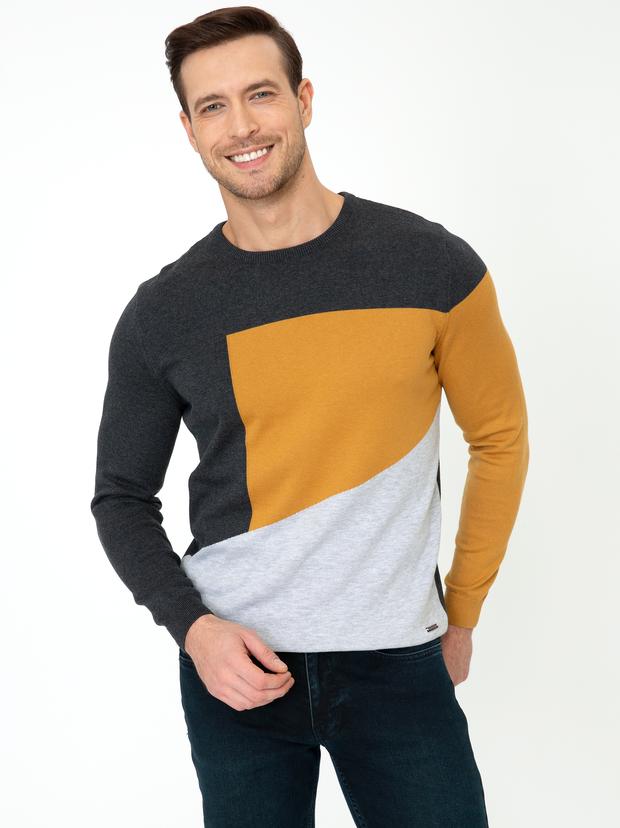 Antrasit Slim Fit Bisiklet Yaka Triko Kazak