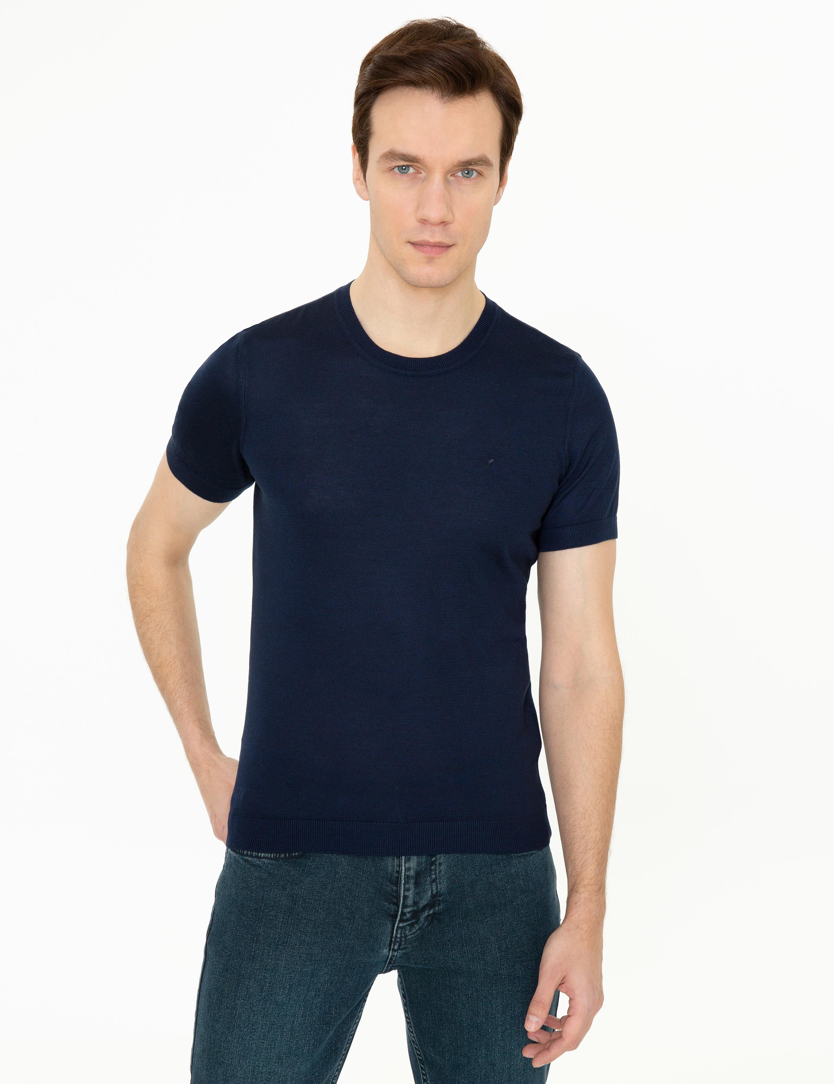 Lacivert Slim Fit Bisiklet Yaka Triko T-shirt - 50249549005