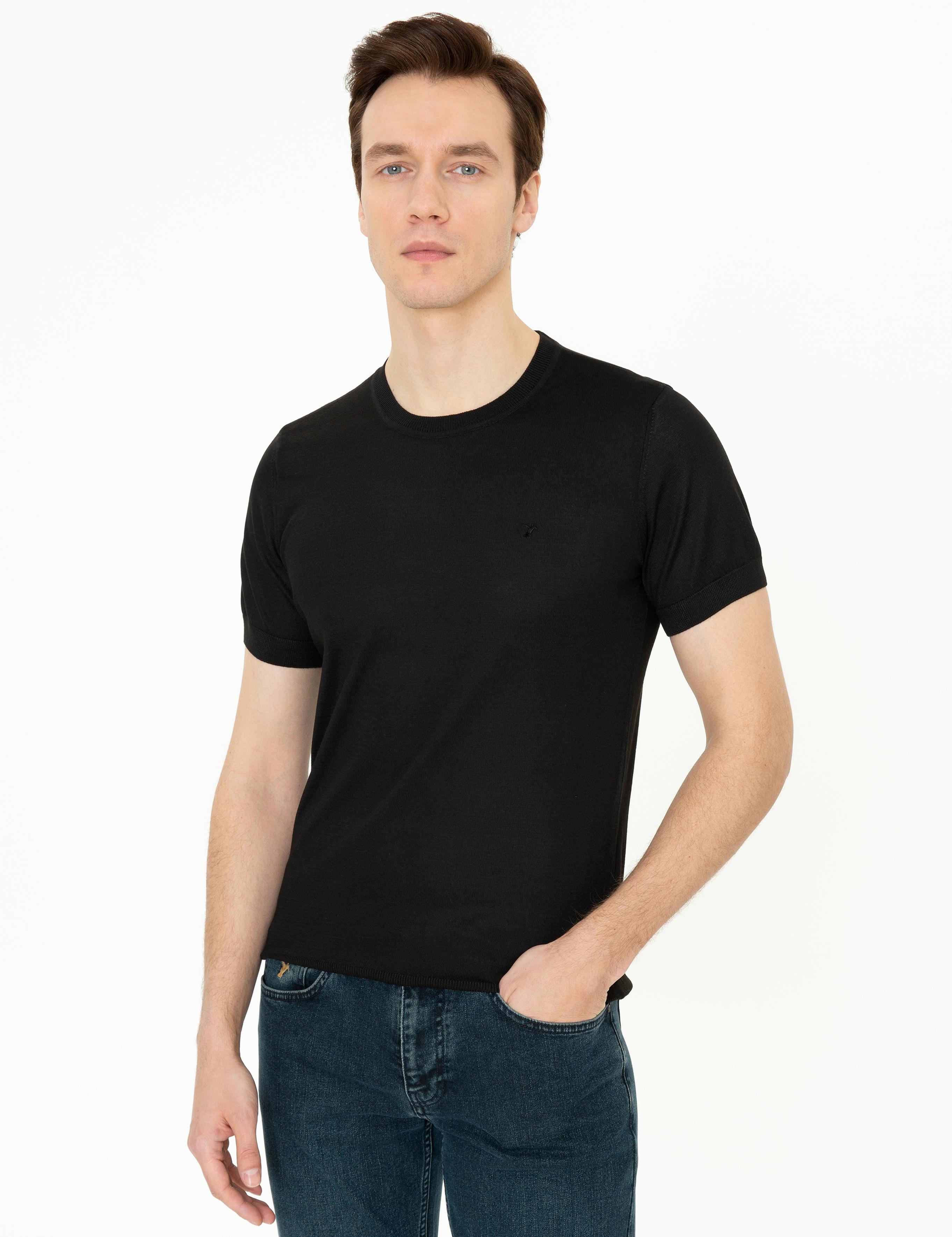 Siyah Slim Fit Bisiklet Yaka Triko T-shirt - 50249549045