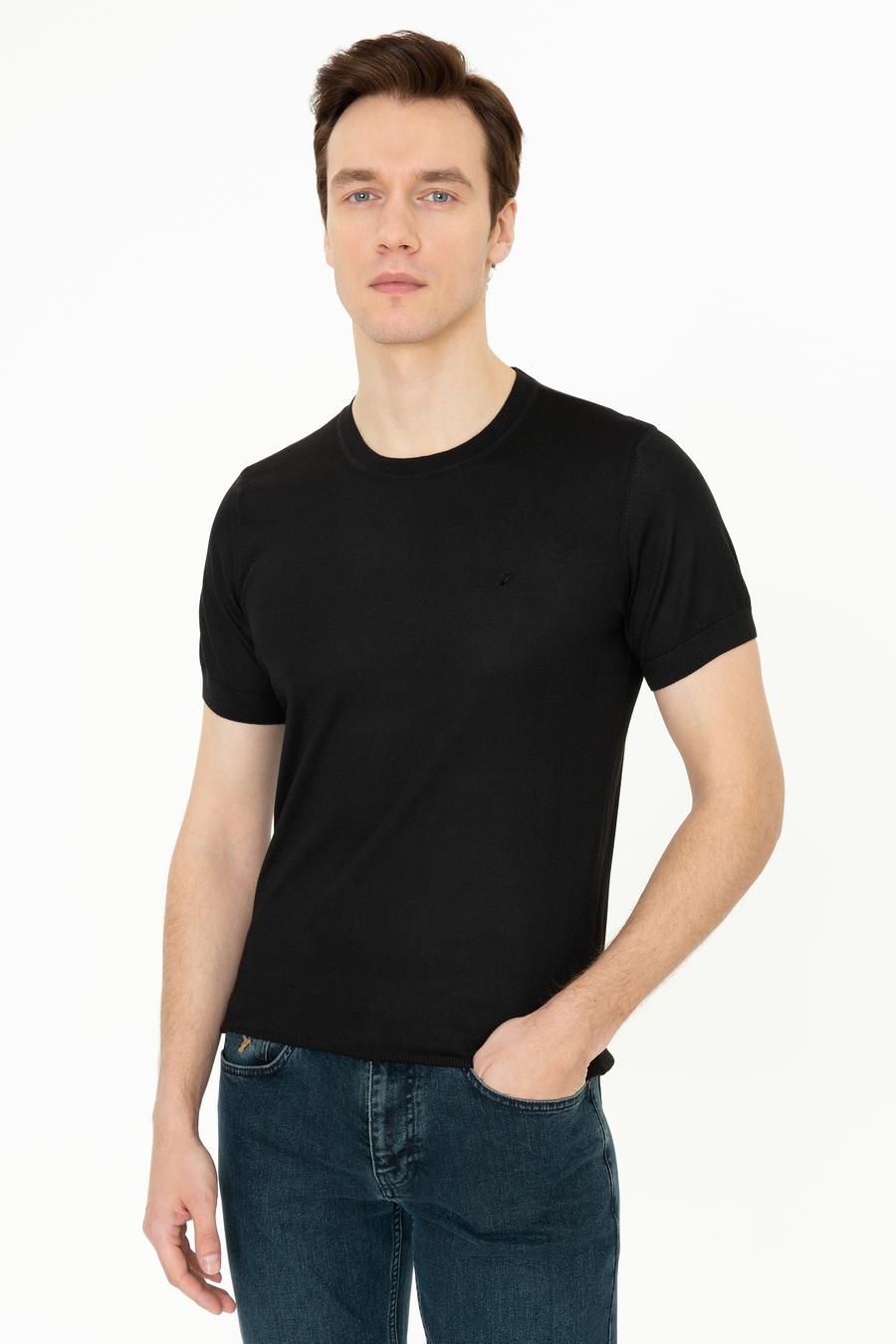 Siyah Slim Fit Bisiklet Yaka Triko T-shirt - 50249549045