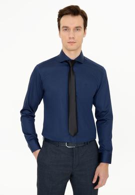 Lacivert Slim Fit %100 Pamuk İtalyan Yaka Klasik Gömlek