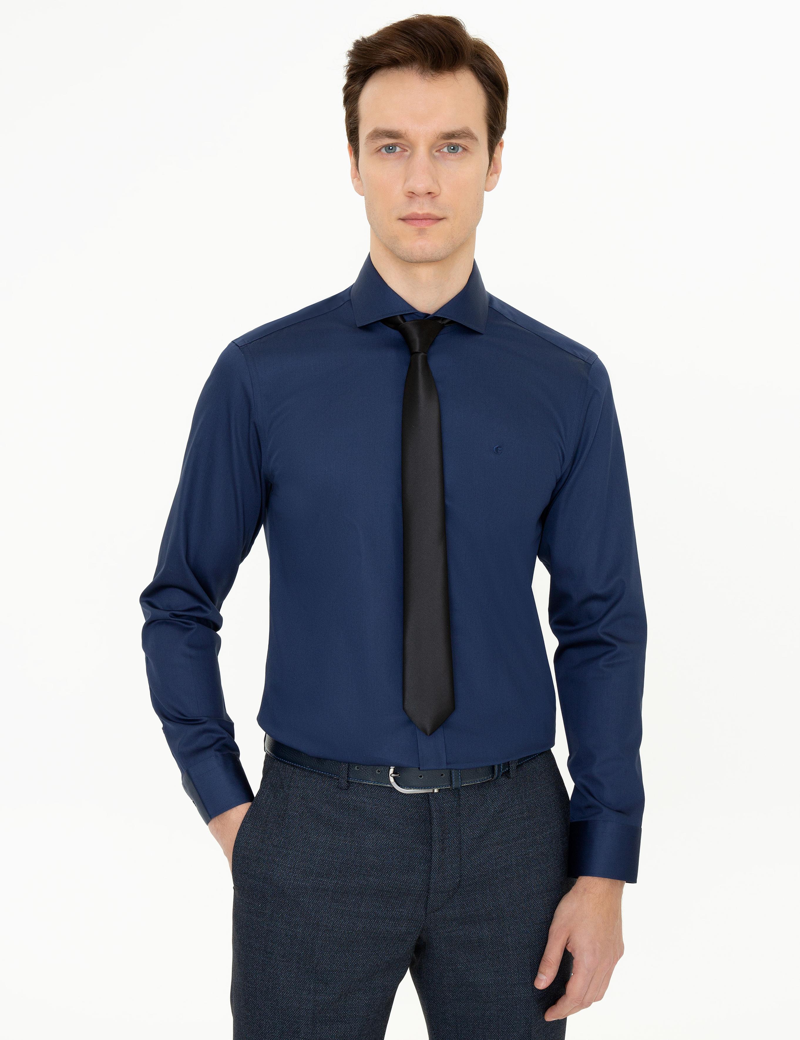 Lacivert Slim Fit %100 Pamuk İtalyan Yaka Klasik Gömlek - 50250845056