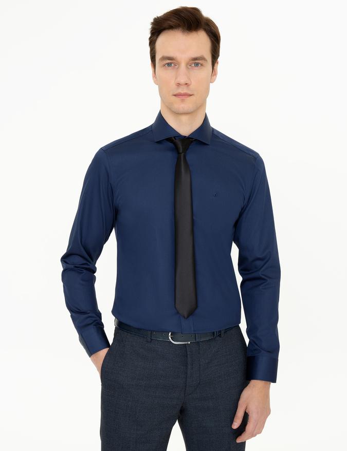 Lacivert Slim Fit %100 Pamuk İtalyan Yaka Klasik Gömlek
