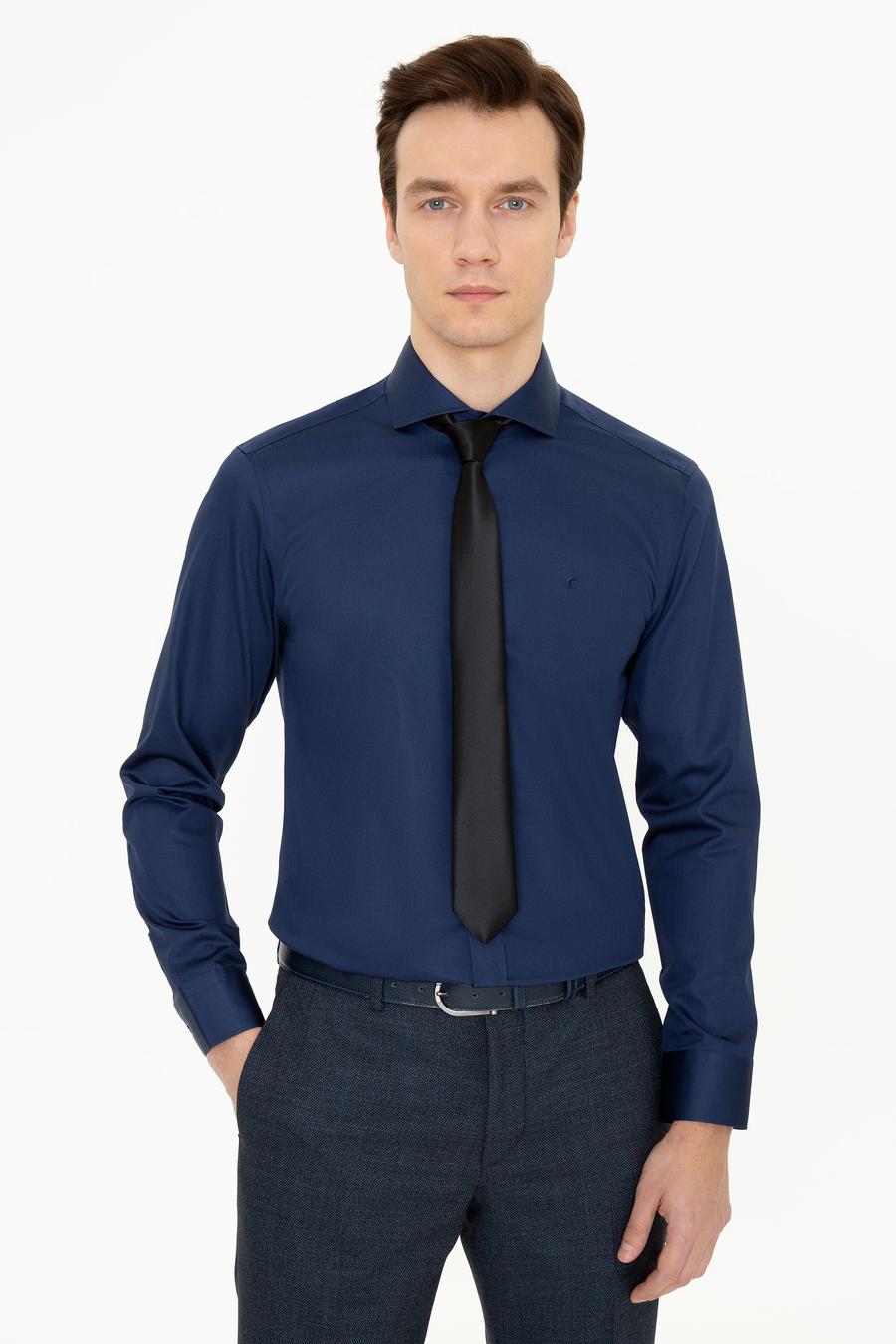 Lacivert Slim Fit %100 Pamuk İtalyan Yaka Klasik Gömlek - 50250845056