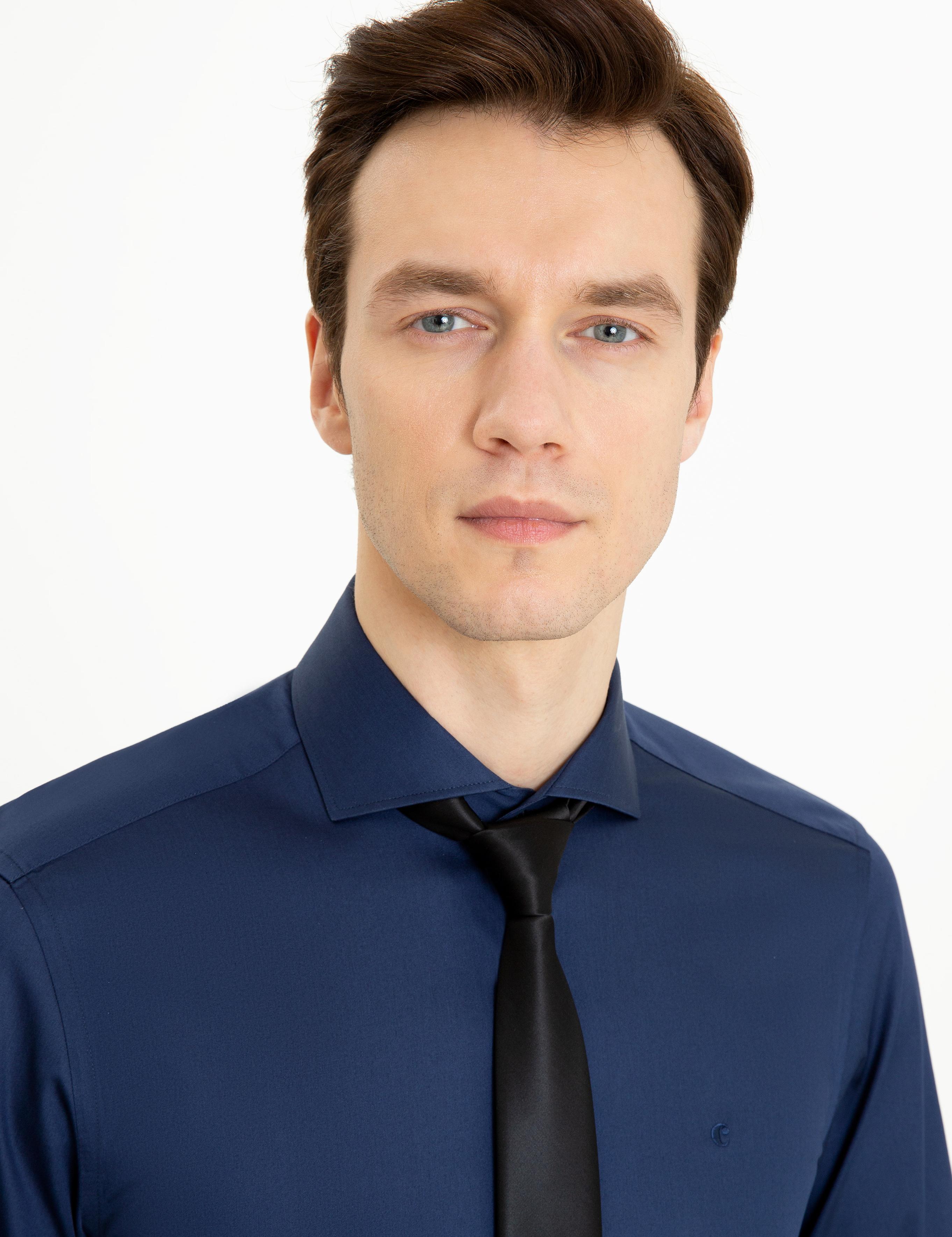 Lacivert Slim Fit %100 Pamuk İtalyan Yaka Klasik Gömlek - 50250845056