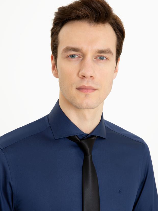 Lacivert Slim Fit %100 Pamuk İtalyan Yaka Klasik Gömlek
