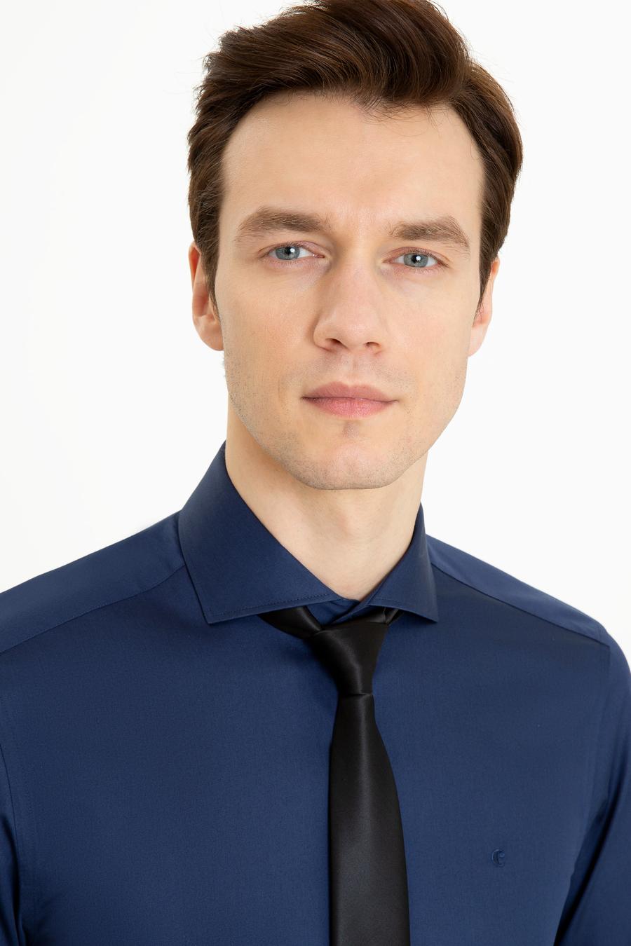 Lacivert Slim Fit %100 Pamuk İtalyan Yaka Klasik Gömlek - 50250845056