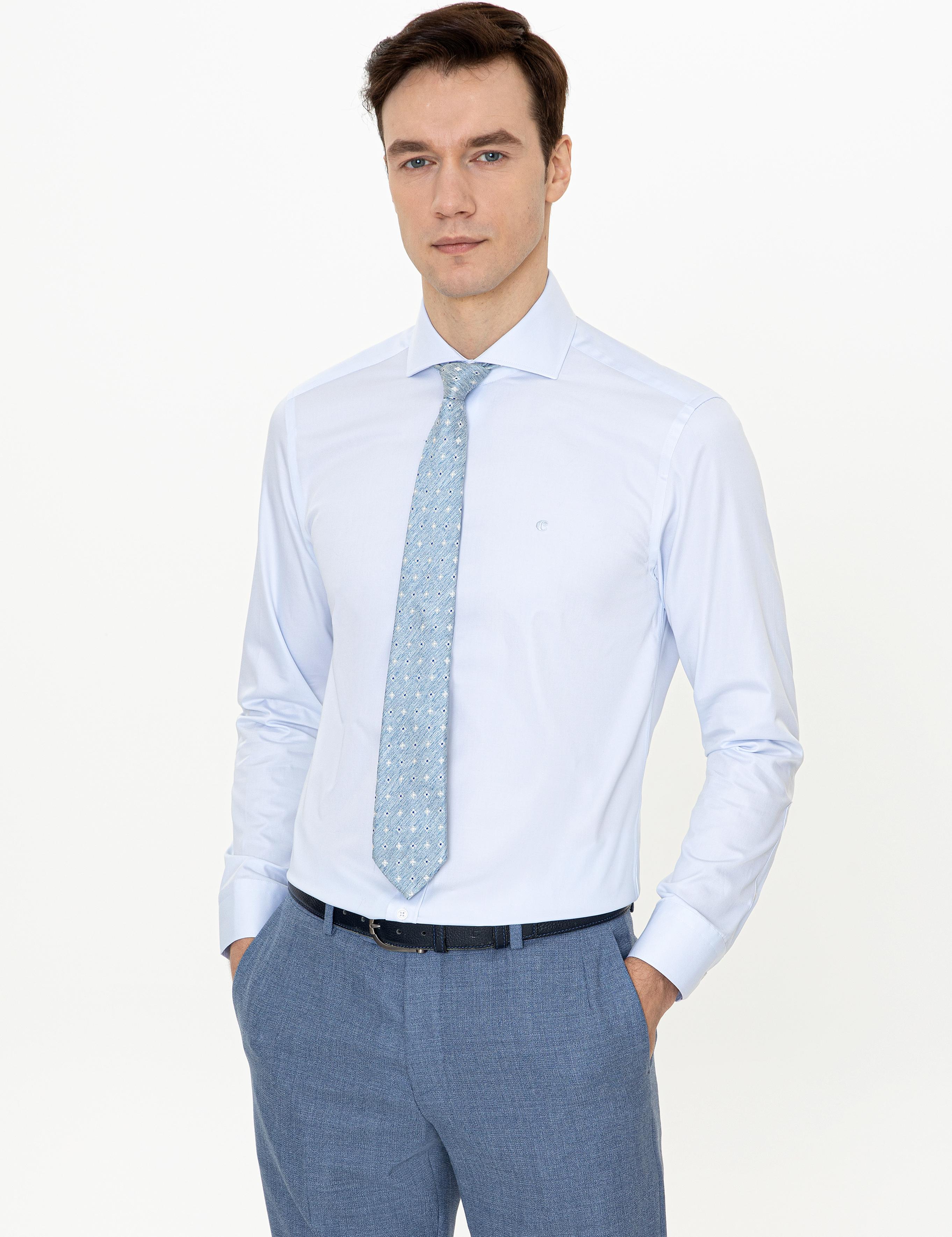 Açık Mavi Slim Fit %100 Pamuk İtalyan Yaka Klasik Gömlek - 50250845022