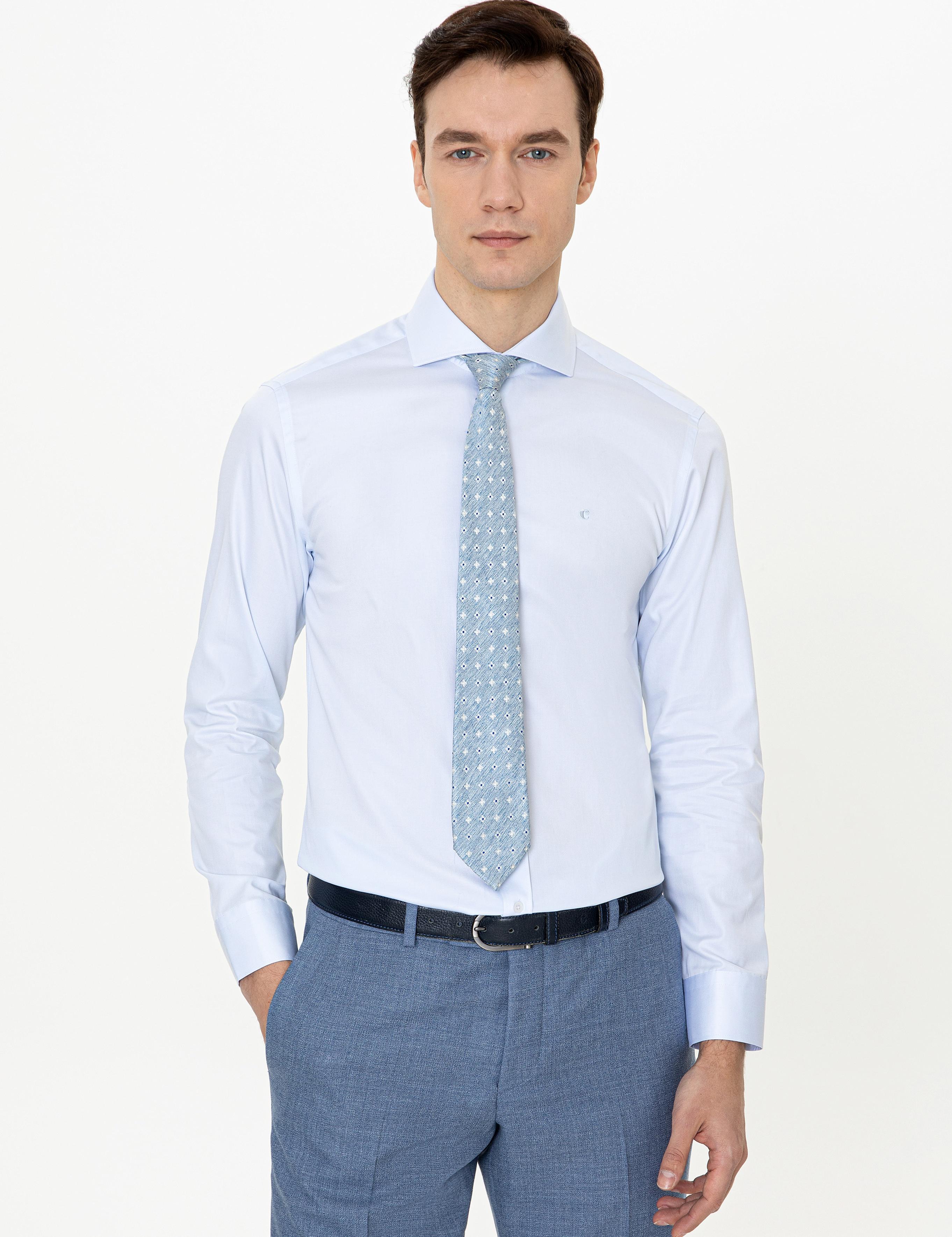 Açık Mavi Slim Fit %100 Pamuk İtalyan Yaka Klasik Gömlek - 50250845022