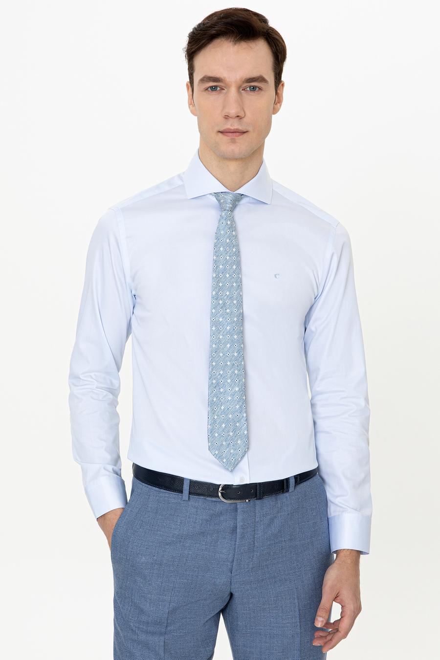 Açık Mavi Slim Fit %100 Pamuk İtalyan Yaka Klasik Gömlek - 50250845022