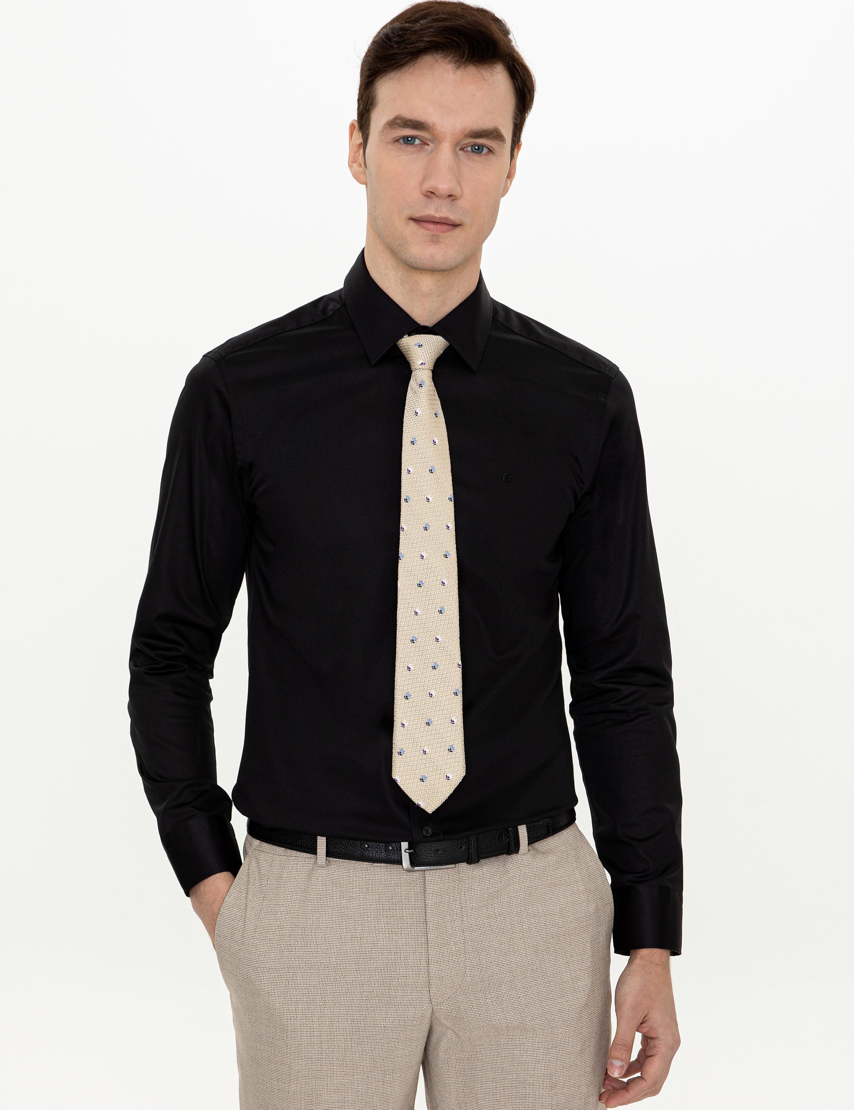 Siyah Slim Fit Uzun Kollu Basic Gömlek - 50255242079