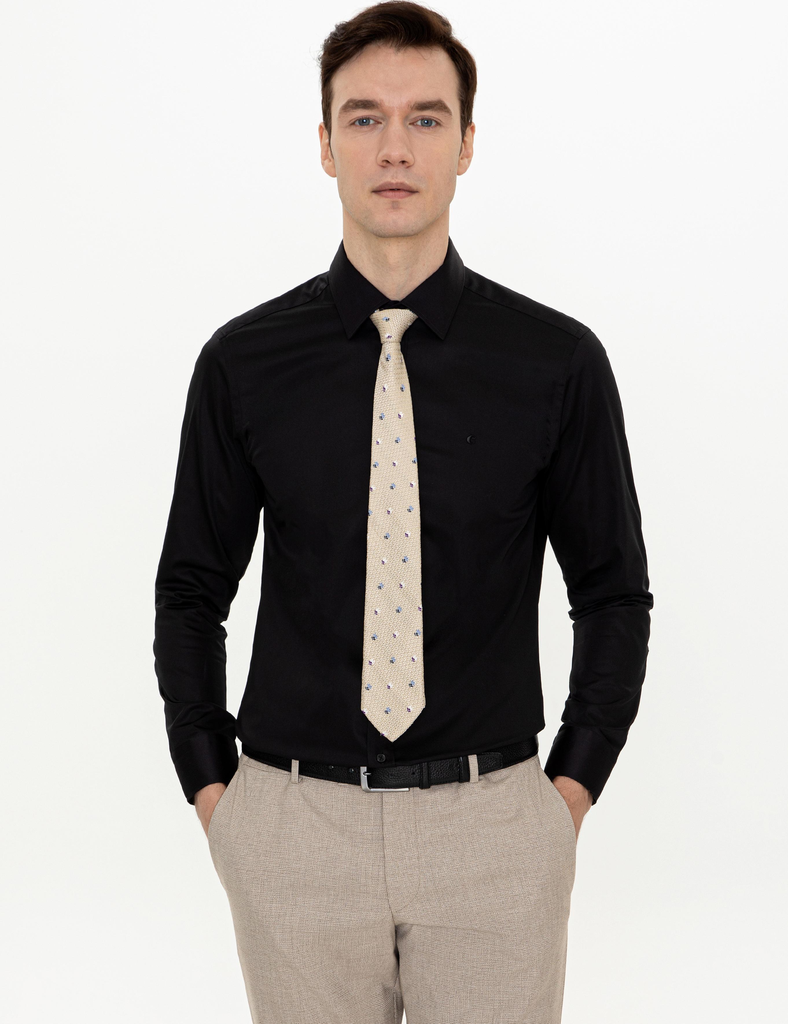 Siyah Slim Fit Uzun Kollu Basic Gömlek - 50255242079