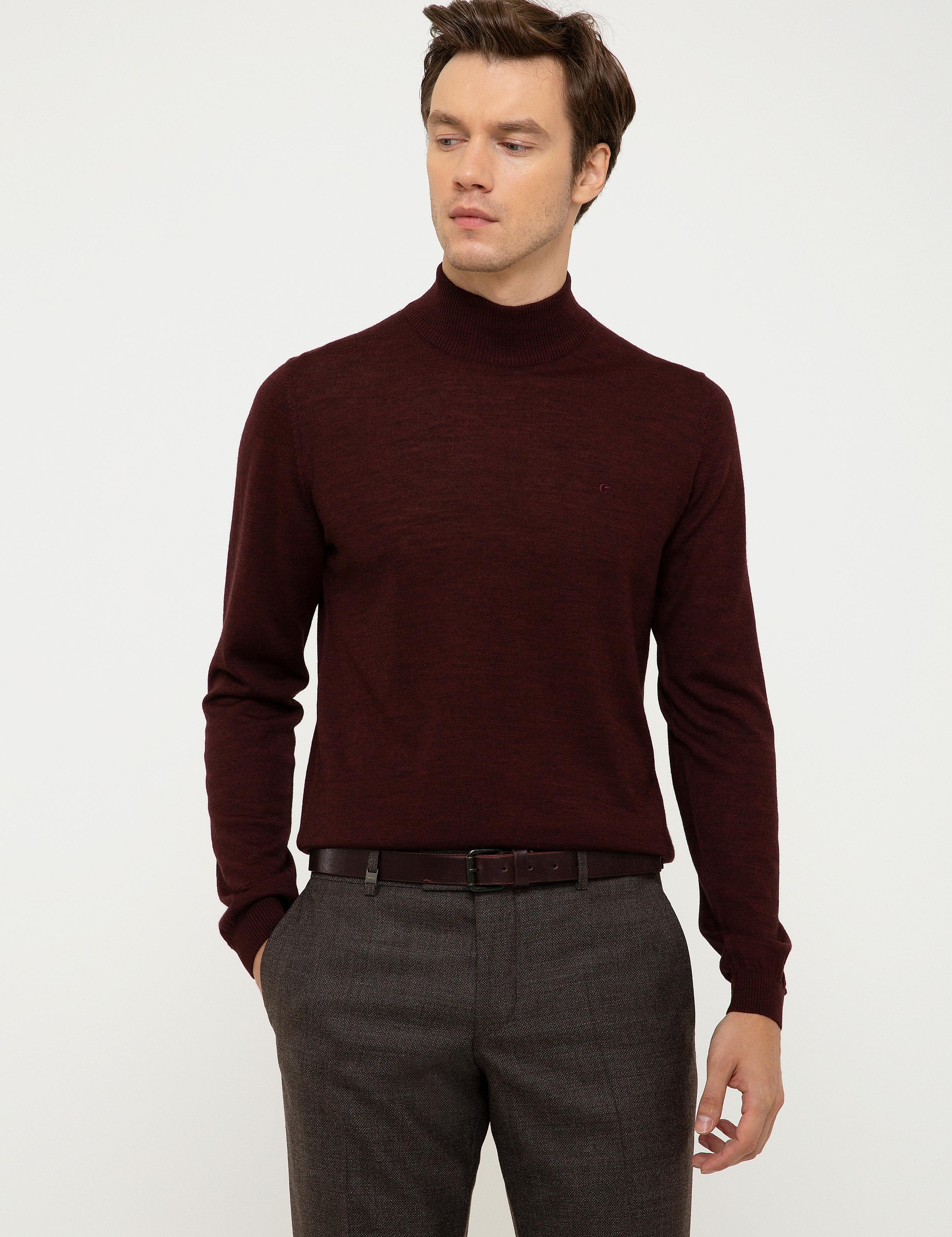 Bordo Slim Fit Yarım Balıkçı Basic Triko Kazak - 50211256011