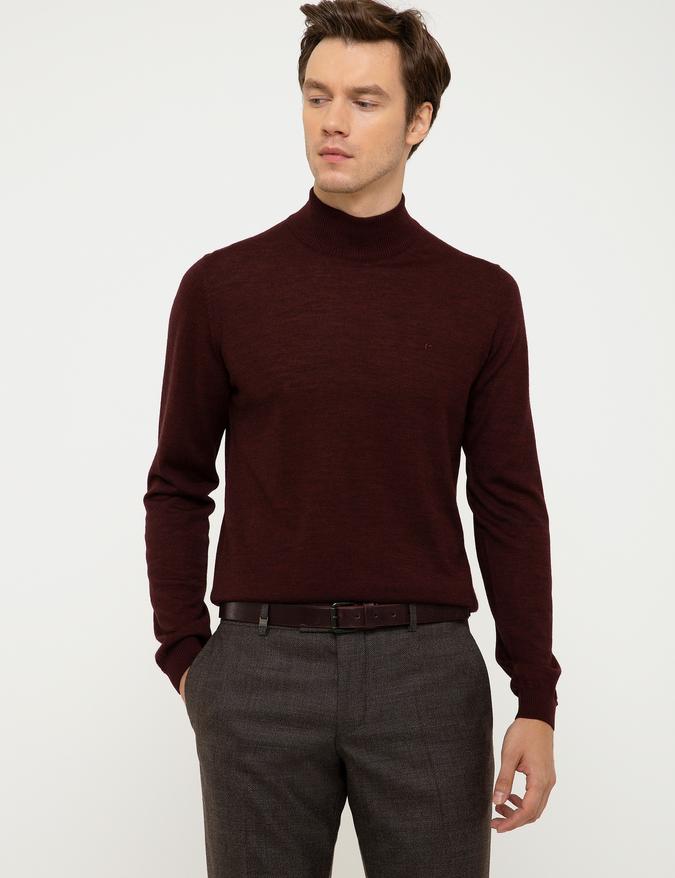 Bordo Slim Fit Yarım Balıkçı Basic Triko Kazak
