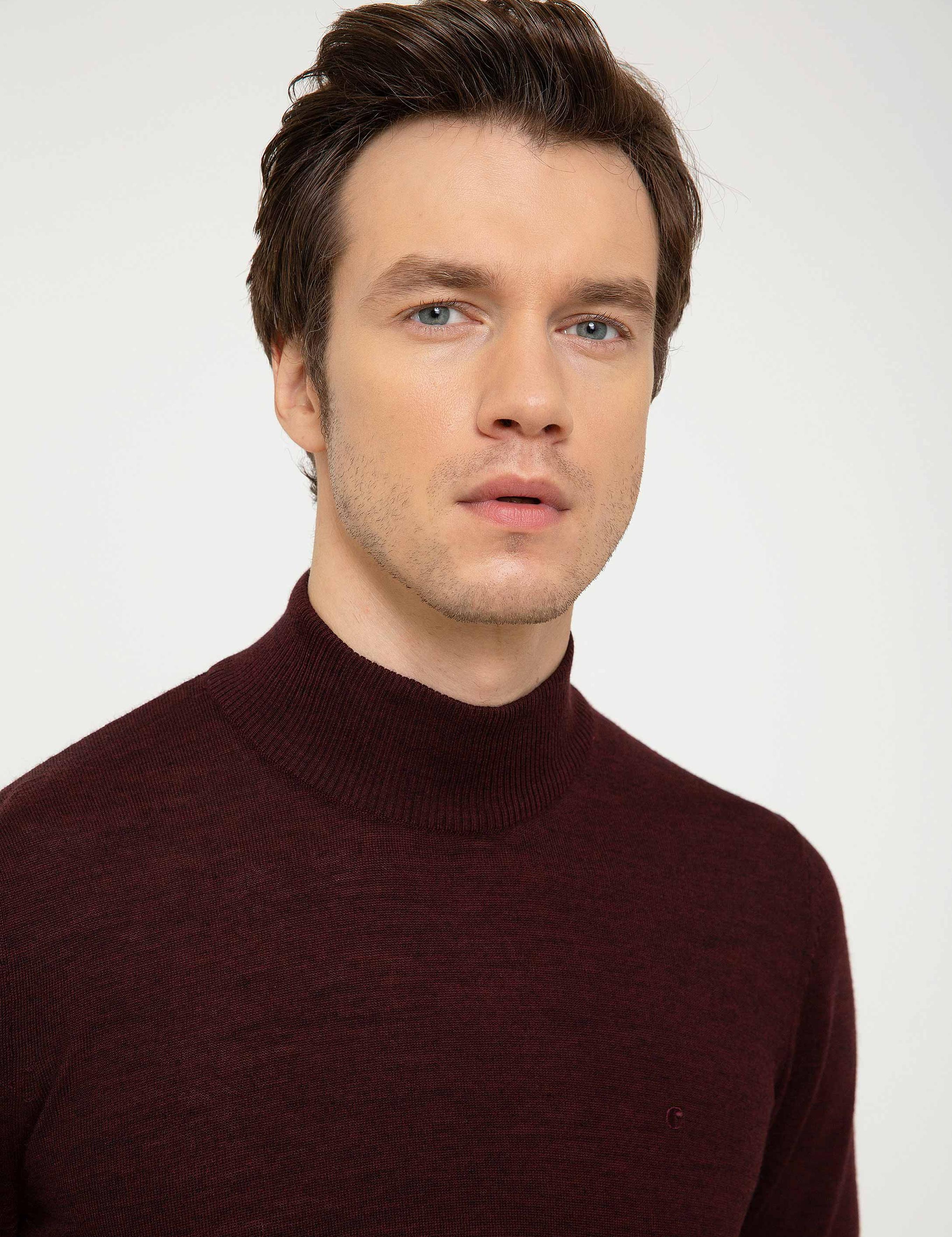 Bordo Slim Fit Yarım Balıkçı Basic Triko Kazak - 50211256011