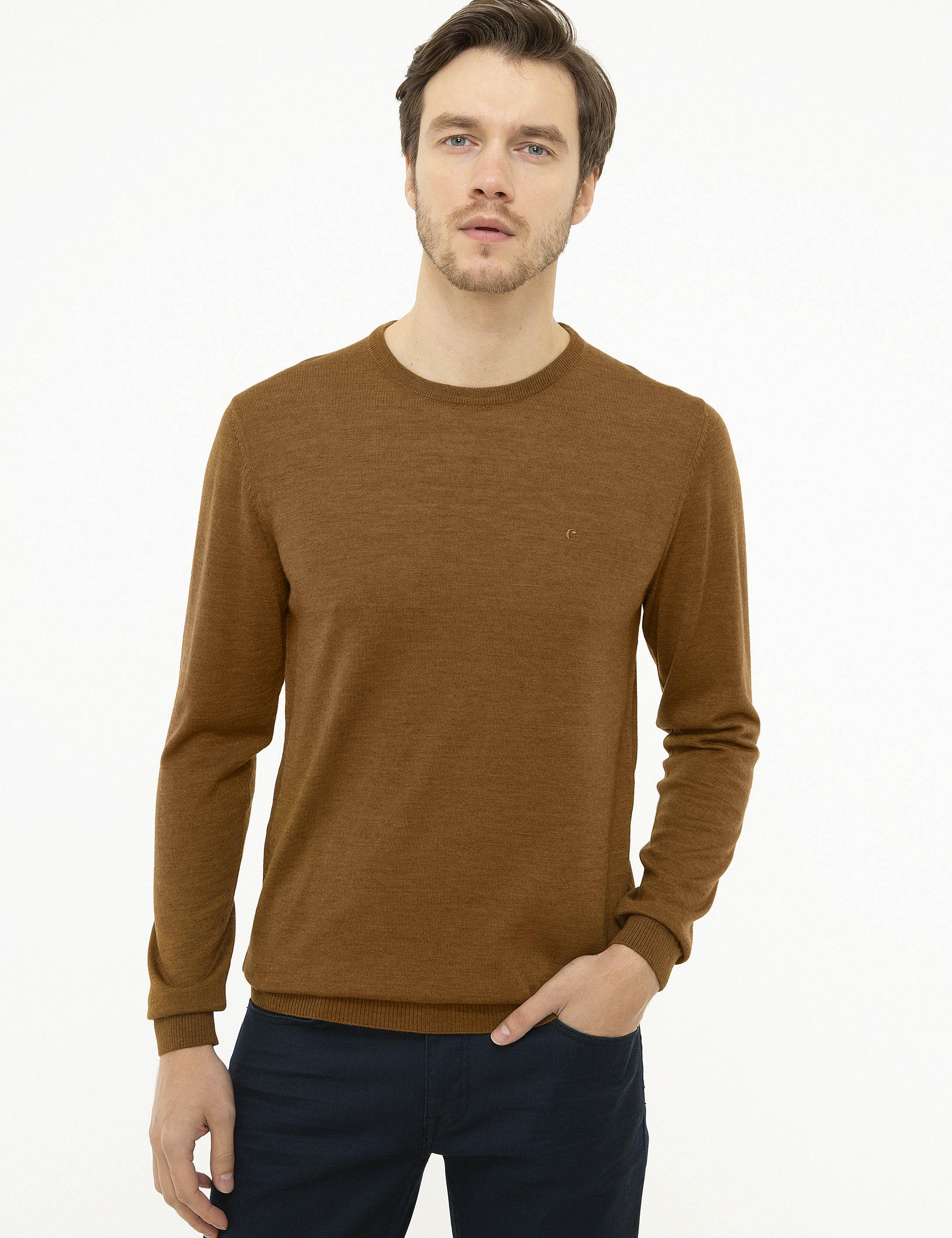 Sarı Slim Fit Bisiklet Yaka Basic Triko Kazak - 50211257058