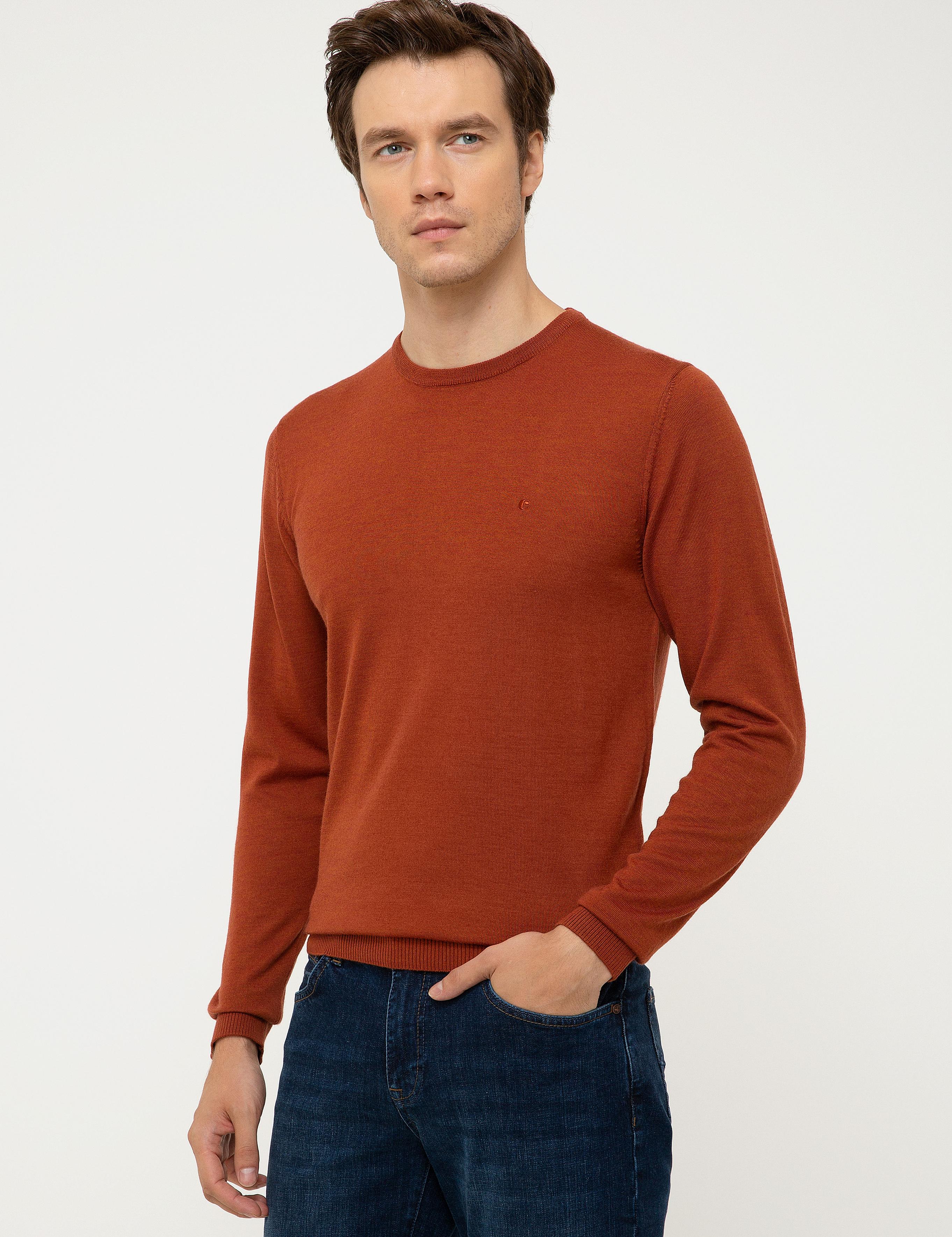 Turuncu Slim Fit Bisiklet Yaka Basic Triko Kazak - 50211257073