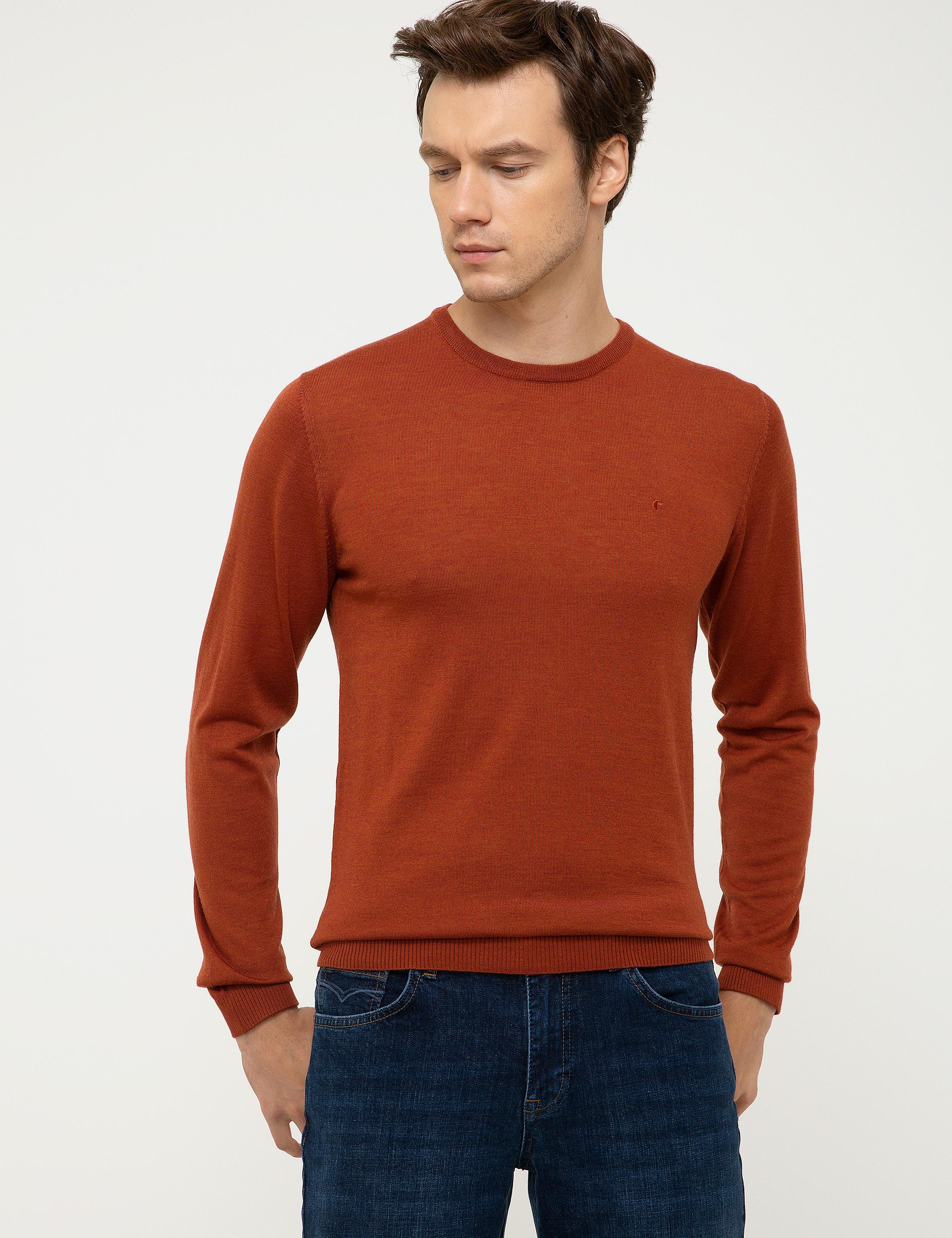 Turuncu Slim Fit Bisiklet Yaka Basic Triko Kazak - 50211257073