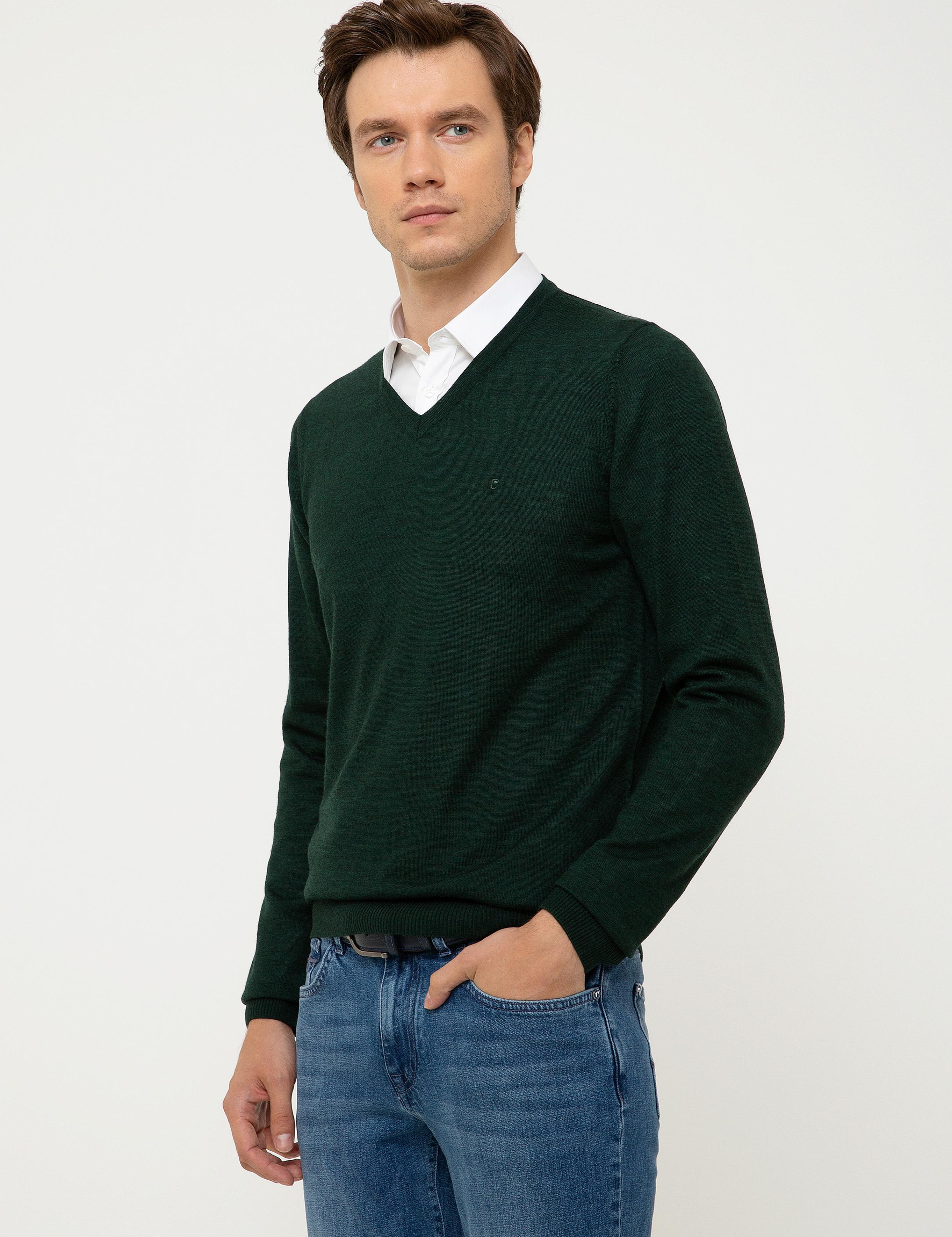 Koyu Yeşil Slim Fit V Yaka Basic Triko Kazak - 50211259060