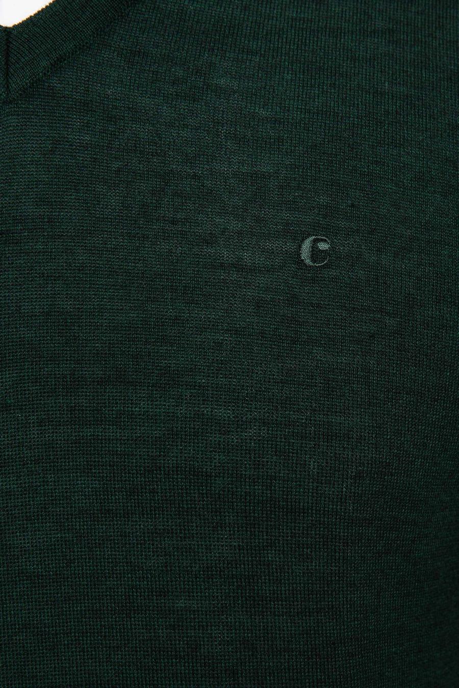Koyu Yeşil Slim Fit V Yaka Basic Triko Kazak - 50211259060