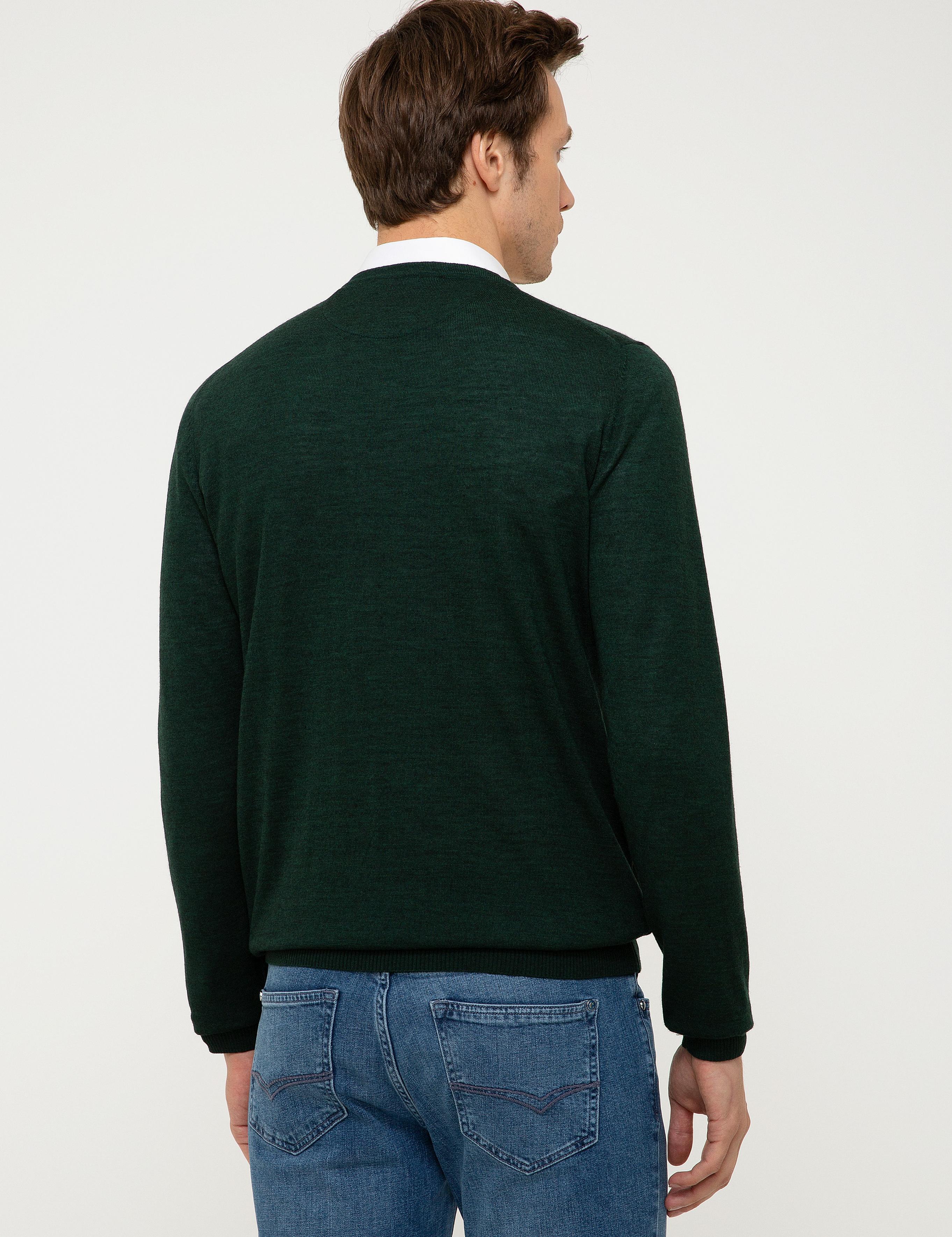 Koyu Yeşil Slim Fit V Yaka Basic Triko Kazak - 50211259060