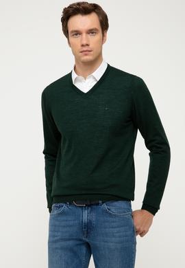 Koyu Yeşil Slim Fit V Yaka Basic Triko Kazak