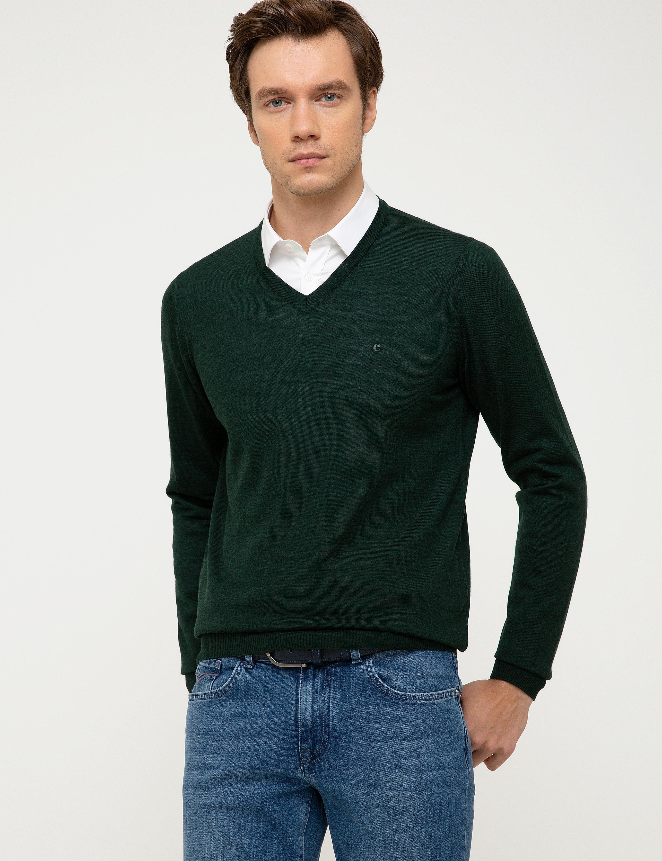 Koyu Yeşil Slim Fit V Yaka Basic Triko Kazak - 50211259060