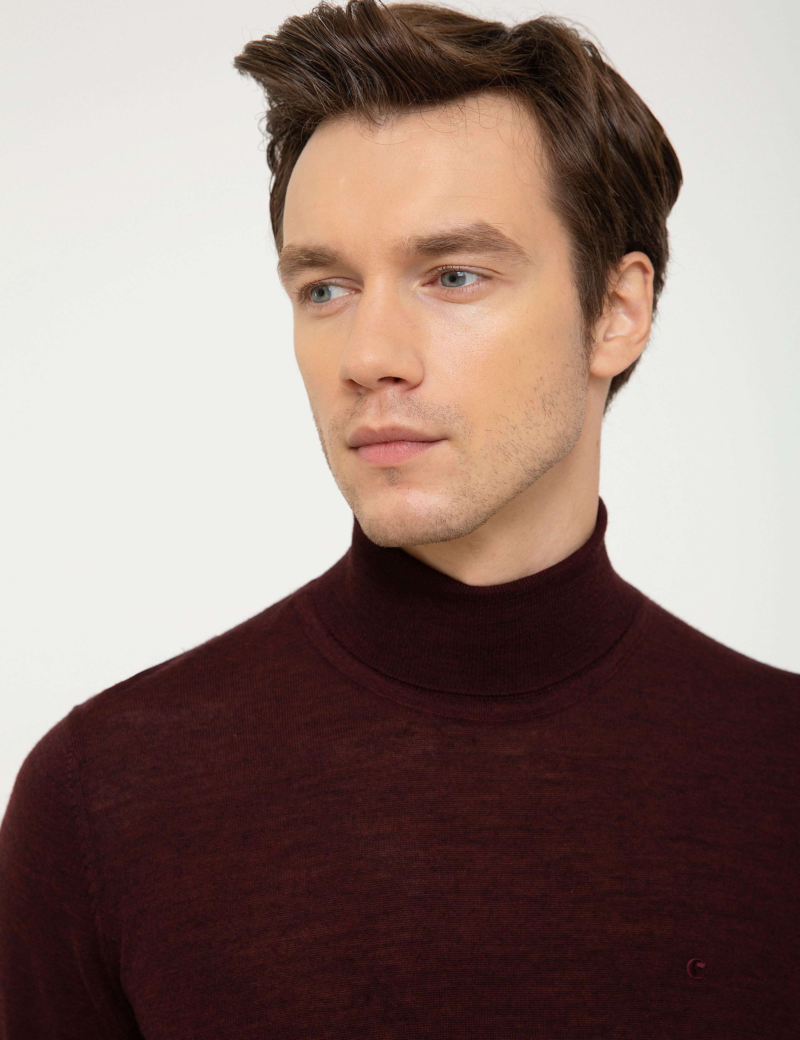 Bordo Slim Fit Balıkçı Yaka Basic Triko Kazak - 50211329011