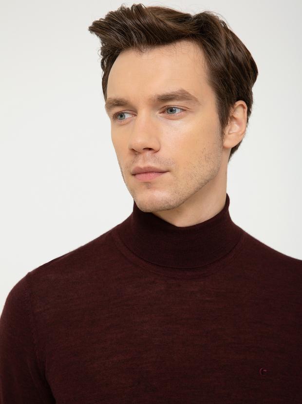 Bordo Slim Fit Balıkçı Yaka Basic Triko Kazak
