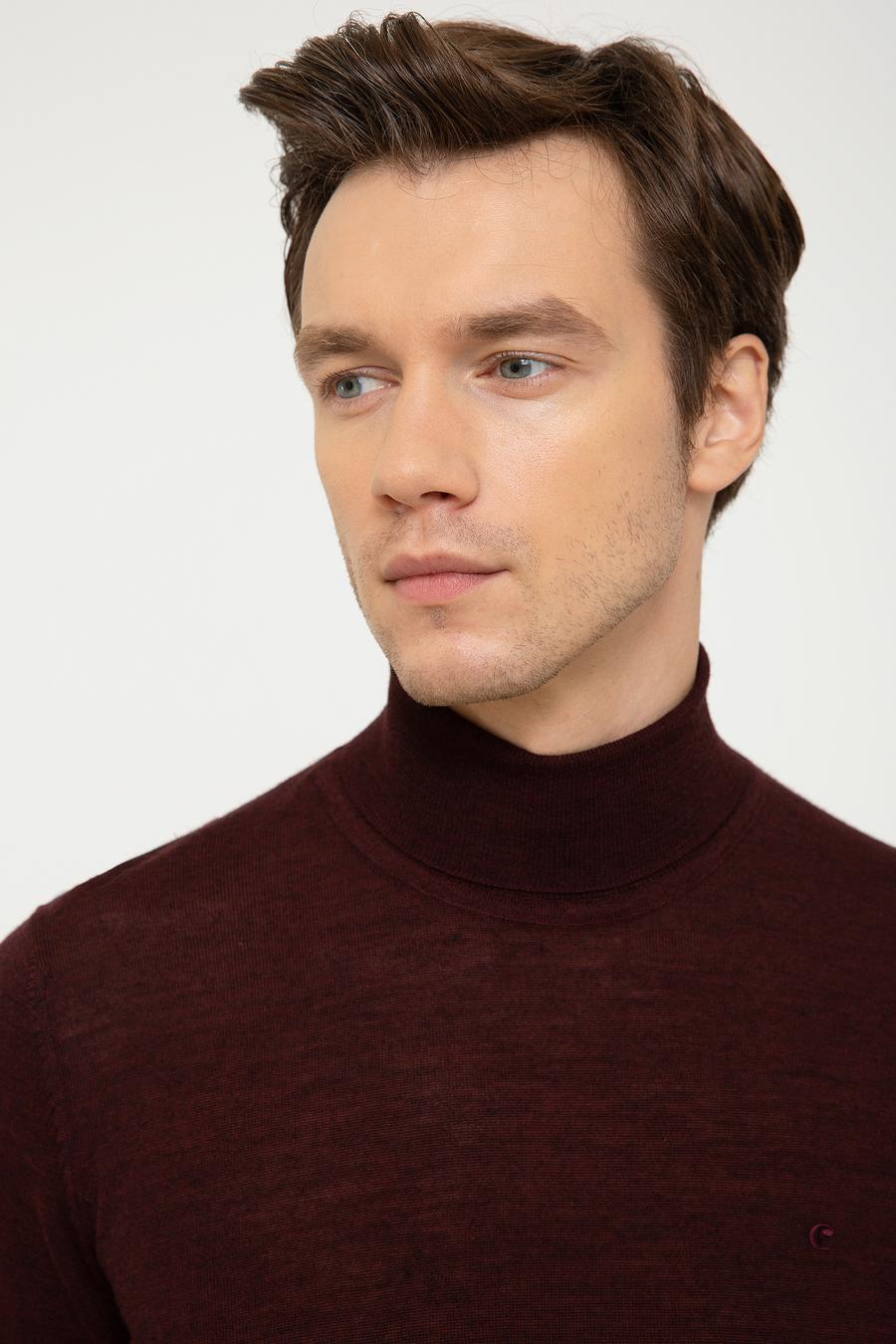 Bordo Slim Fit Balıkçı Yaka Basic Triko Kazak - 50211329011