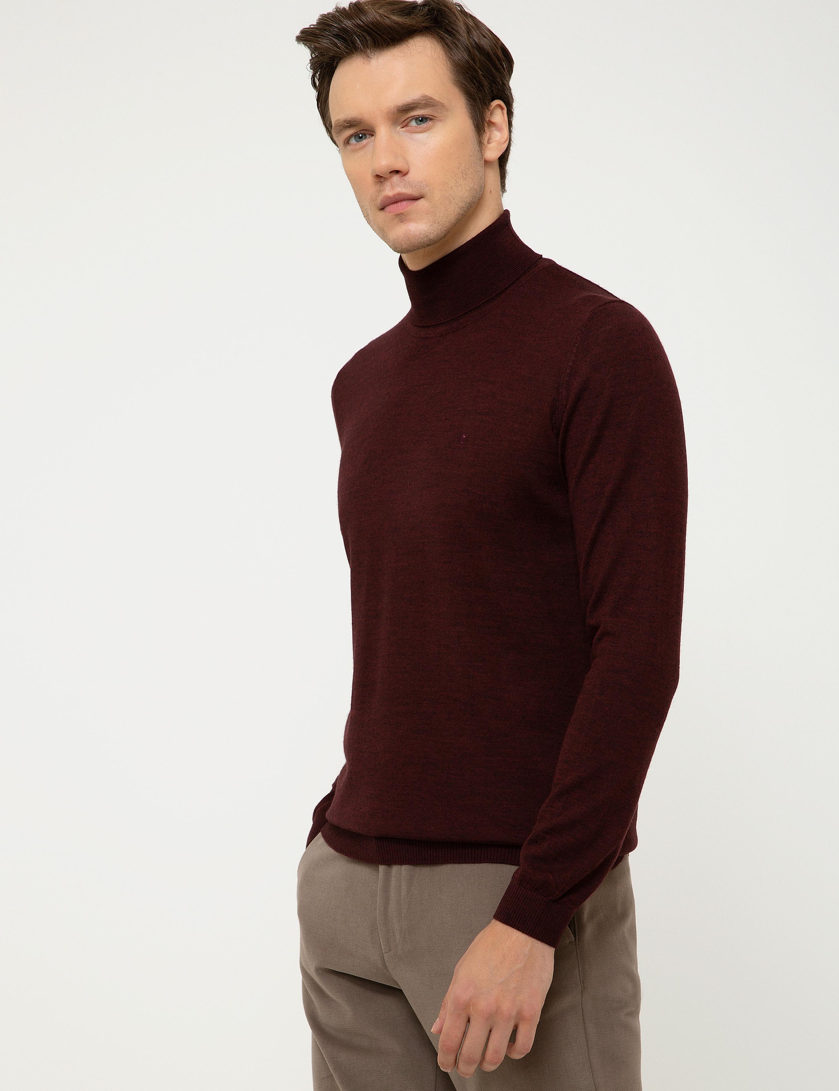 Bordo Slim Fit Balıkçı Yaka Basic Triko Kazak - 50211329011