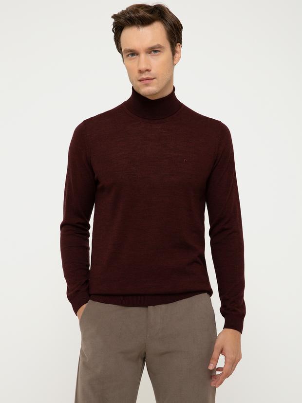 Bordo Slim Fit Balıkçı Yaka Basic Triko Kazak