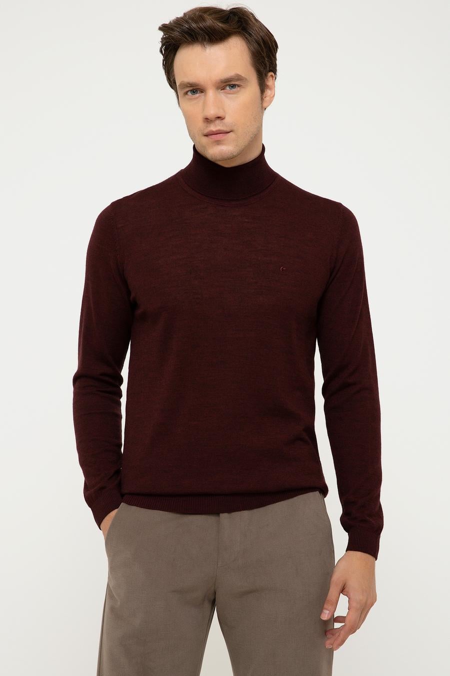 Bordo Slim Fit Balıkçı Yaka Basic Triko Kazak - 50211329011