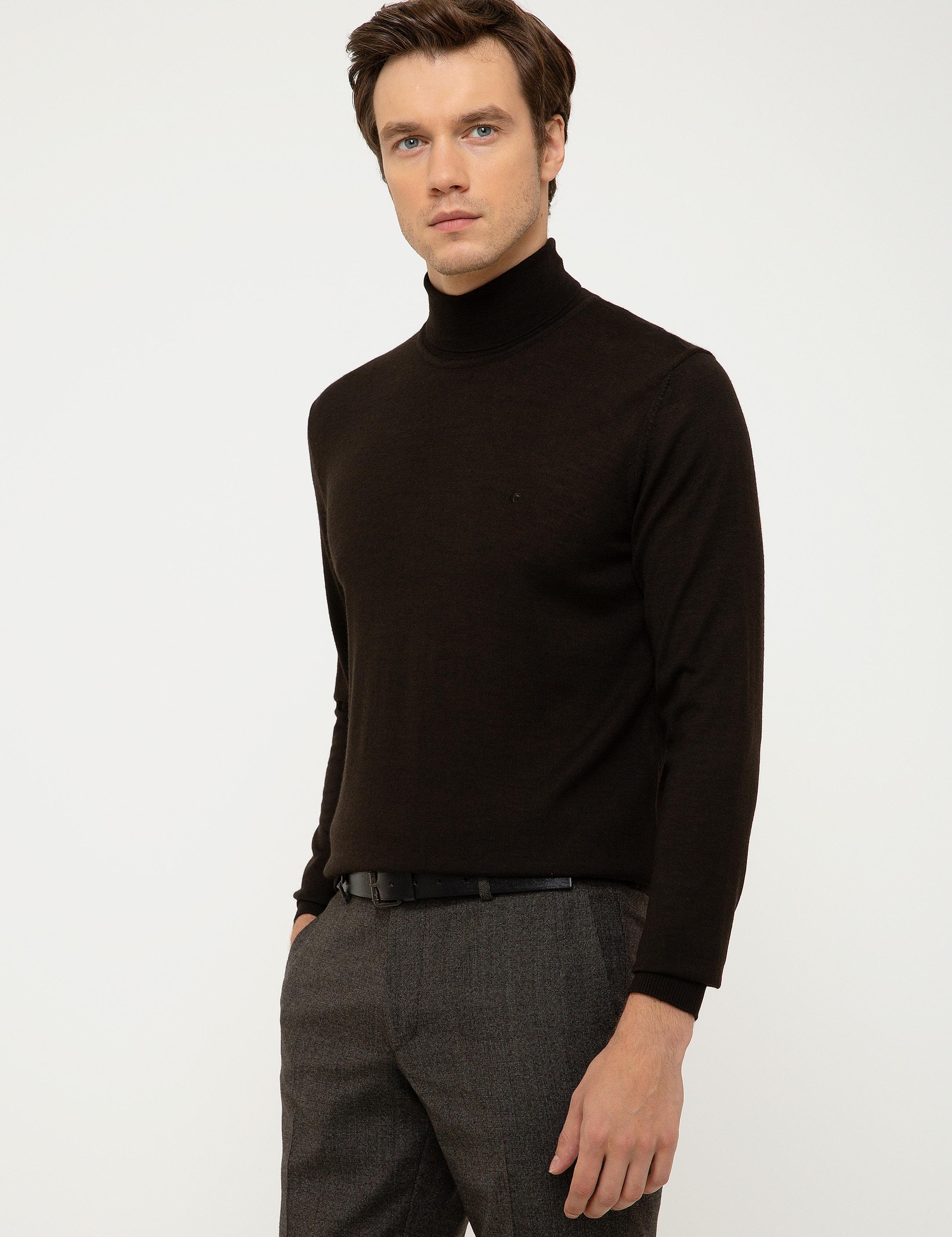 Koyu Kahverengi Slim Fit Balıkçı Yaka Basic Triko Kazak - 50211329081