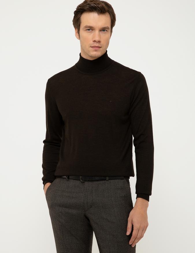 Koyu Kahverengi Slim Fit Balıkçı Yaka Basic Triko Kazak