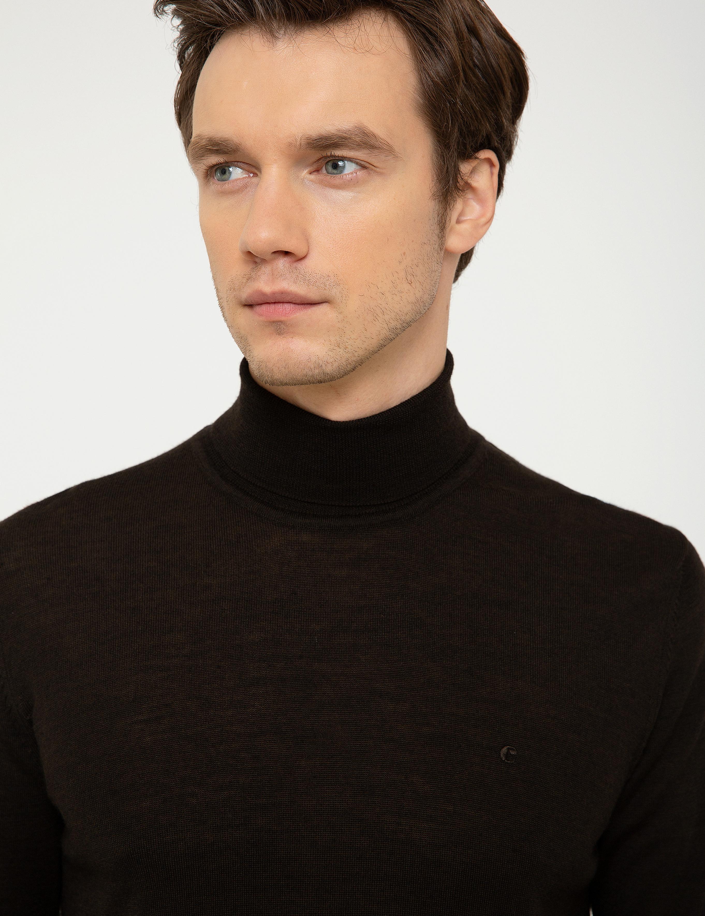 Koyu Kahverengi Slim Fit Balıkçı Yaka Basic Triko Kazak - 50211329081