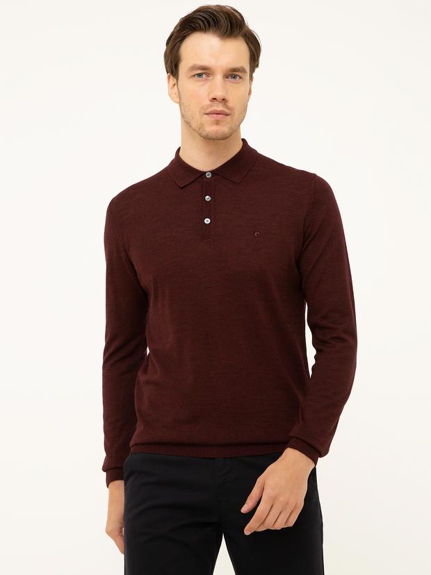 Bordo Slim Fit Polo Yaka Basic Triko Kazak