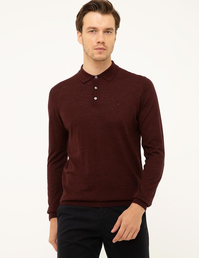 Bordo Slim Fit Polo Yaka Basic Triko Kazak