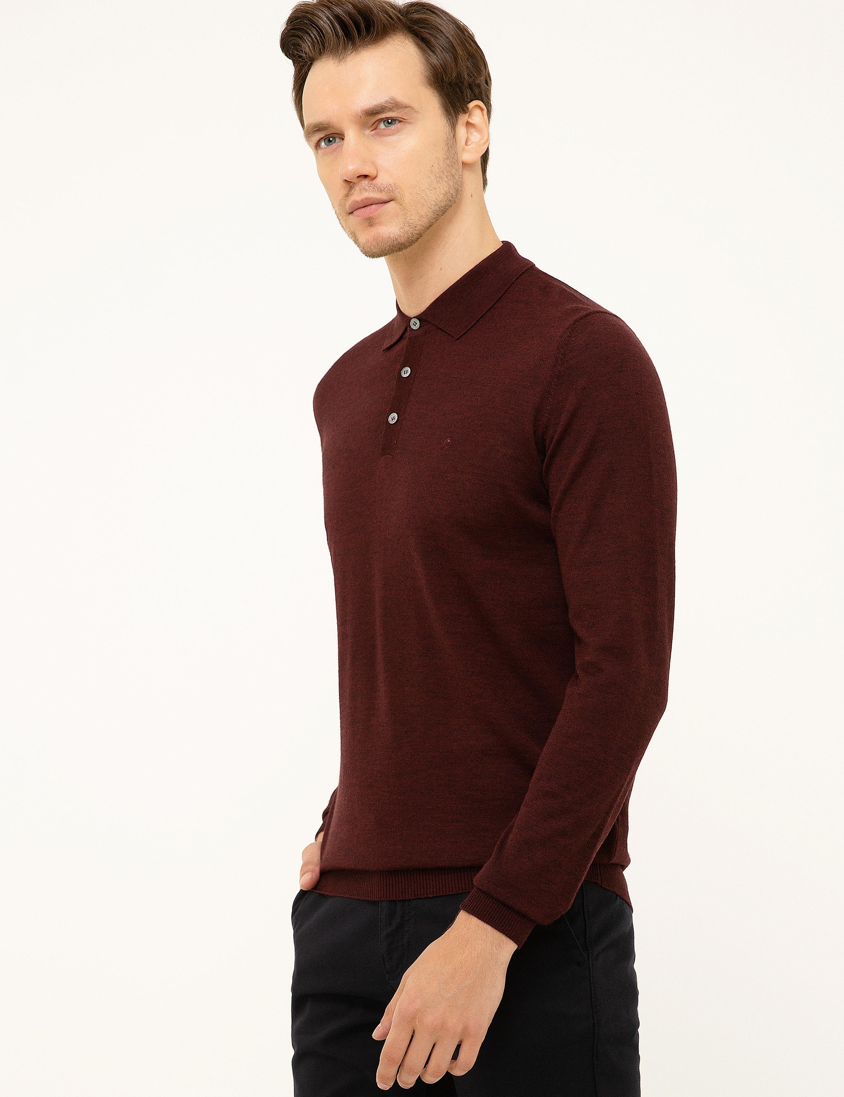 Bordo Slim Fit Polo Yaka Basic Triko Kazak - 50211330019