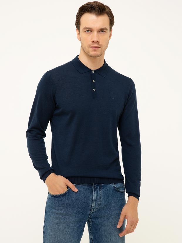 Lacivert Slim Fit Polo Yaka Basic Triko Kazak