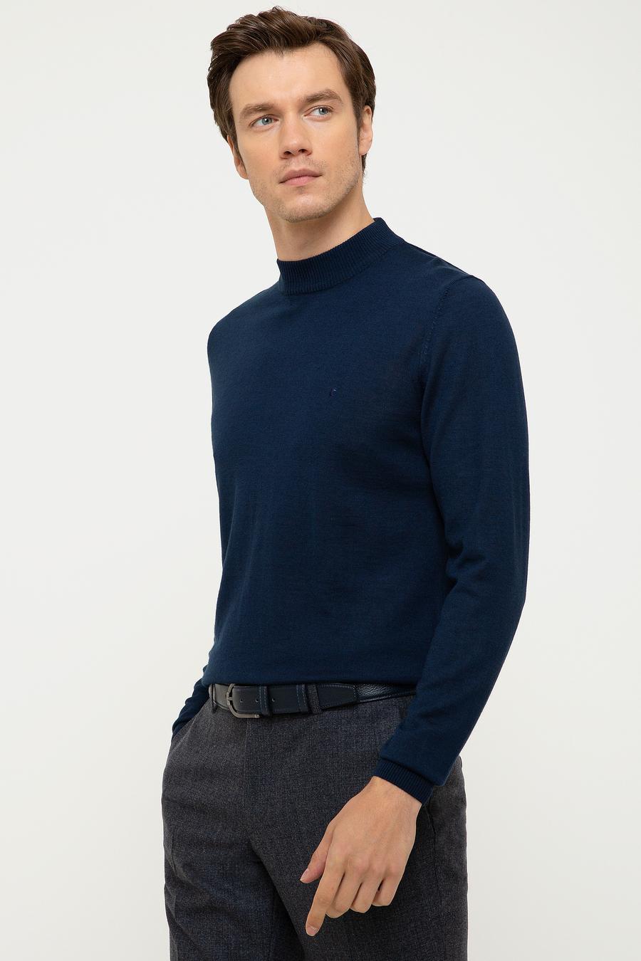 Lacivert Slim Fit Çeyrek Balıkçı Yaka Basic Triko Kazak - 50211332012