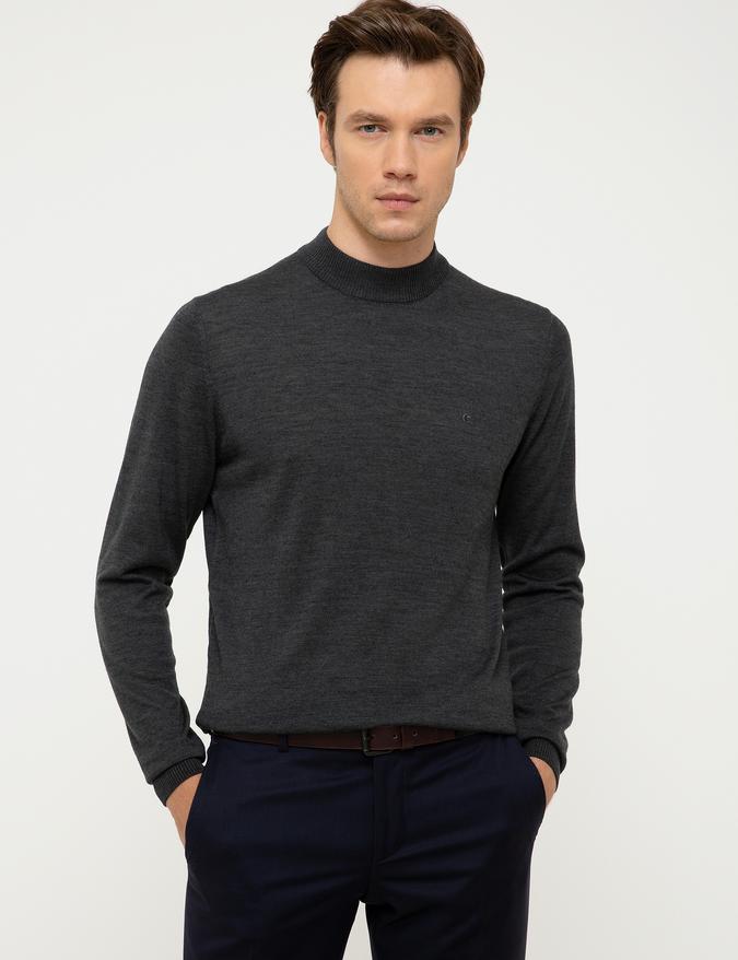 Antrasit Melanj Slim Fit Çeyrek Balıkçı Yaka Basic Triko Kazak