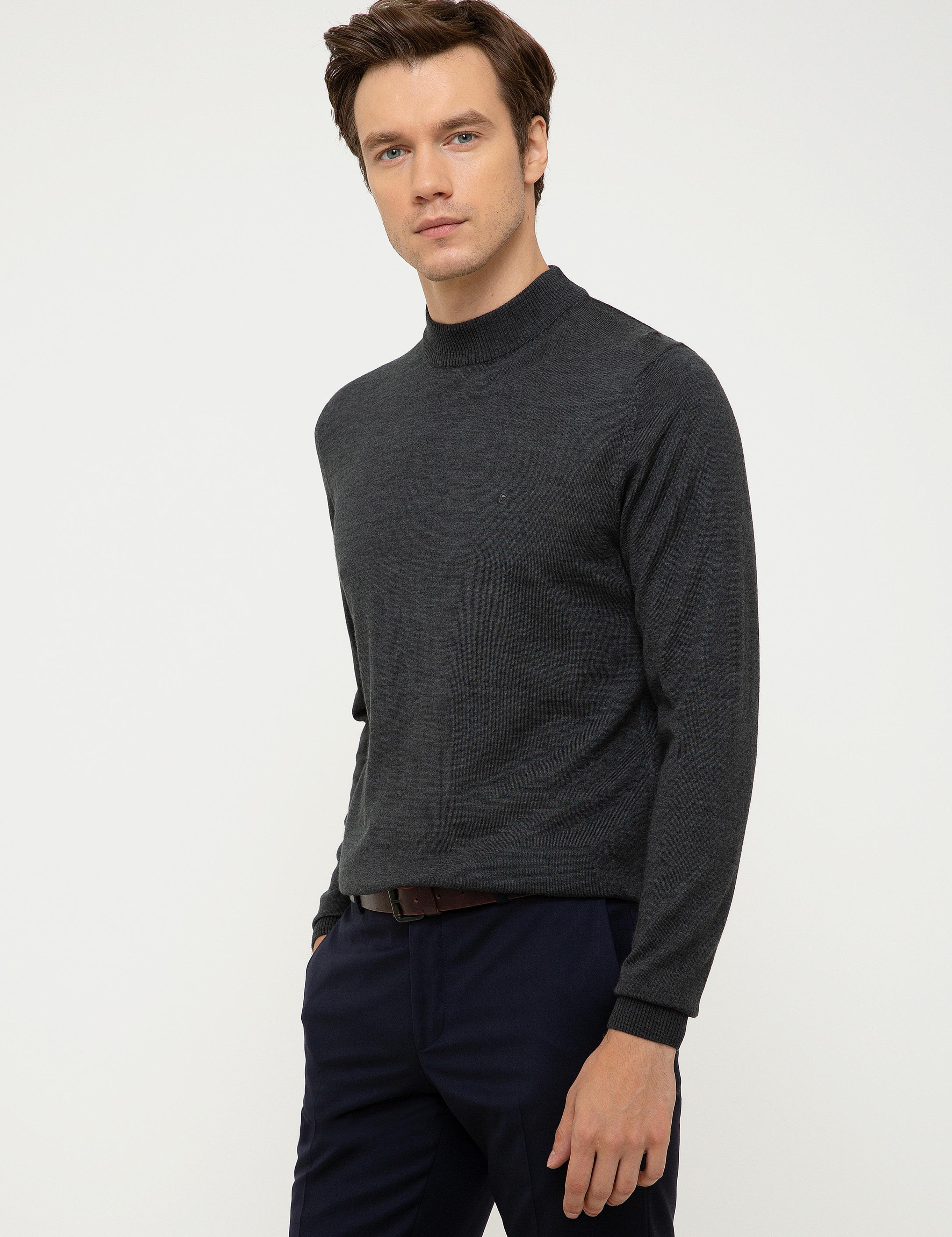 Antrasit Melanj Slim Fit Çeyrek Balıkçı Yaka Basic Triko Kazak - 50211332030