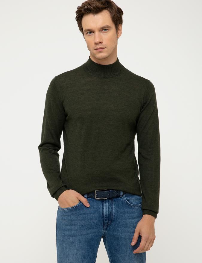 Haki Slim Fit Yarım Balıkçı Basic Triko Kazak