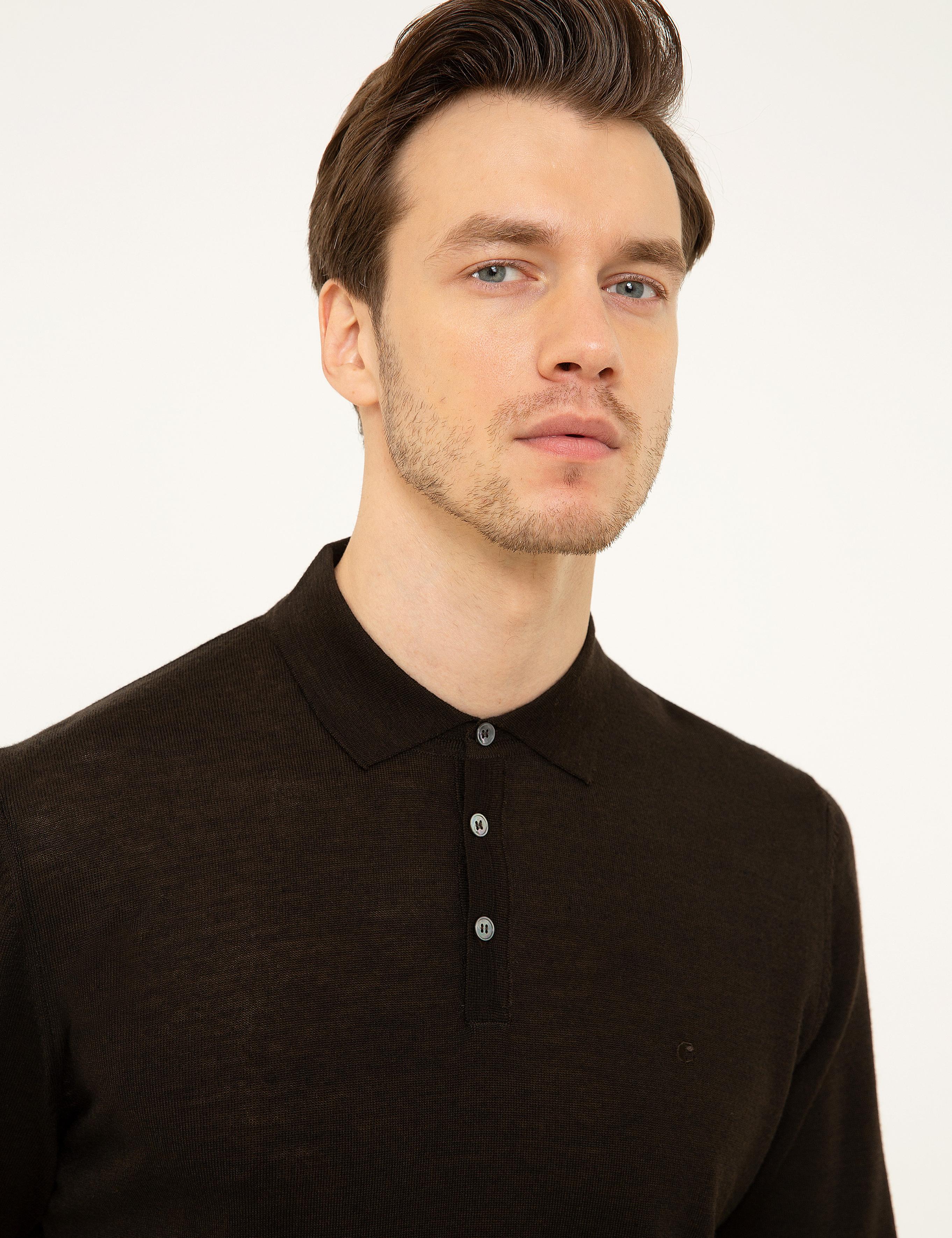 Koyu Kahverengi Slim Fit Polo Yaka Basic Triko Kazak - 50211330063