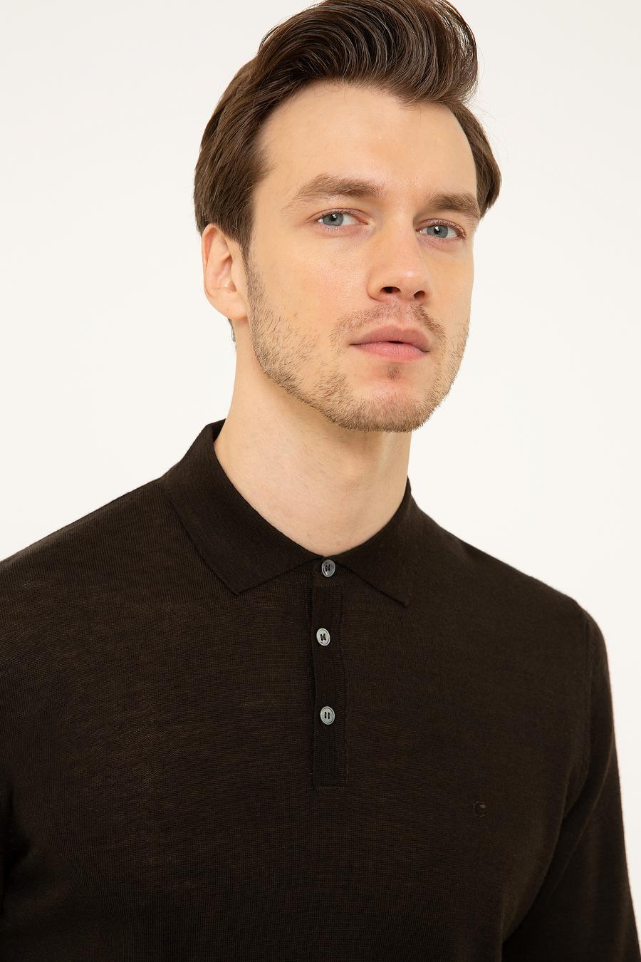 Koyu Kahverengi Slim Fit Polo Yaka Basic Triko Kazak - 50211330063